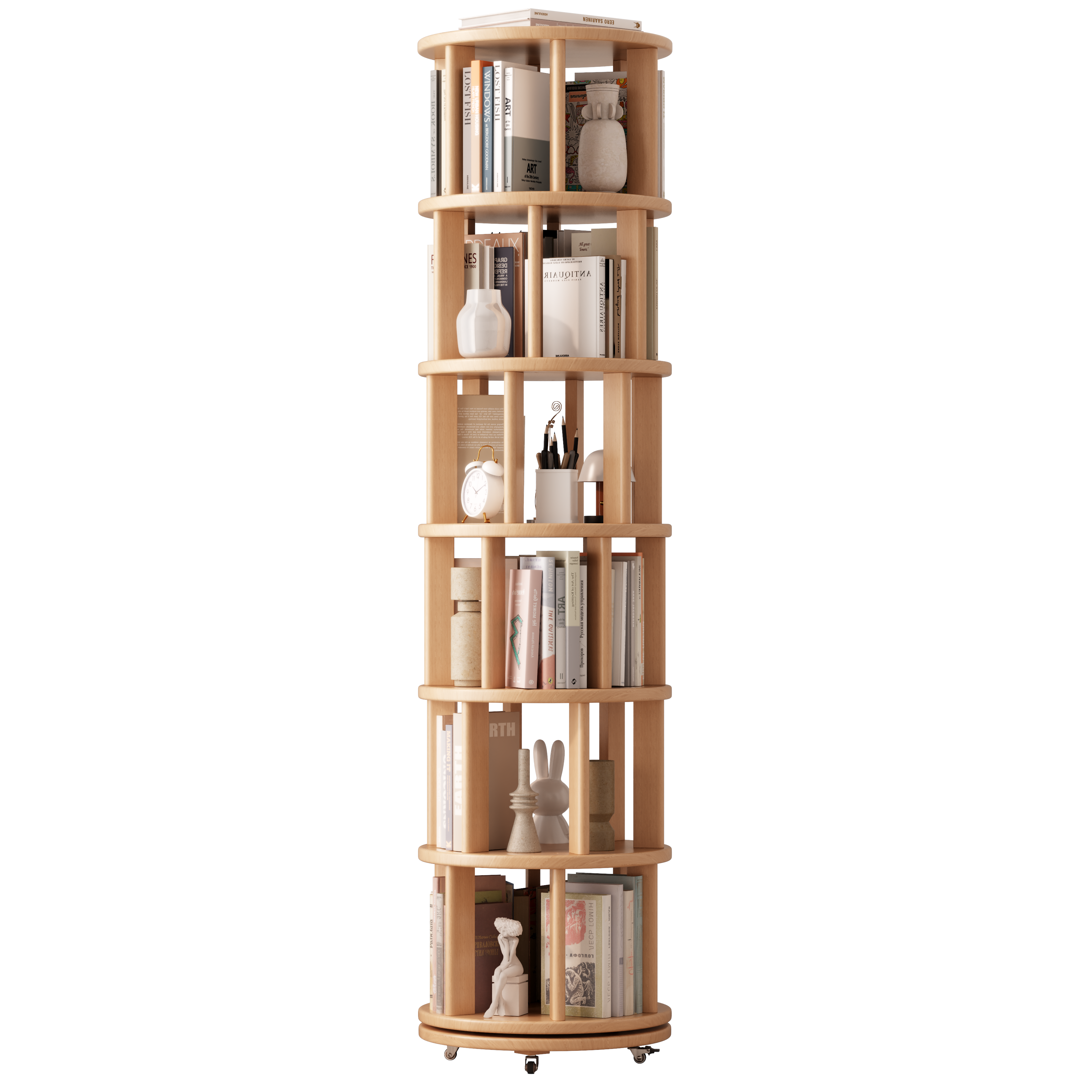 Solid Wood Rotating Bookshelf with Brake Wheels – Adjustable 1-6 Tiers