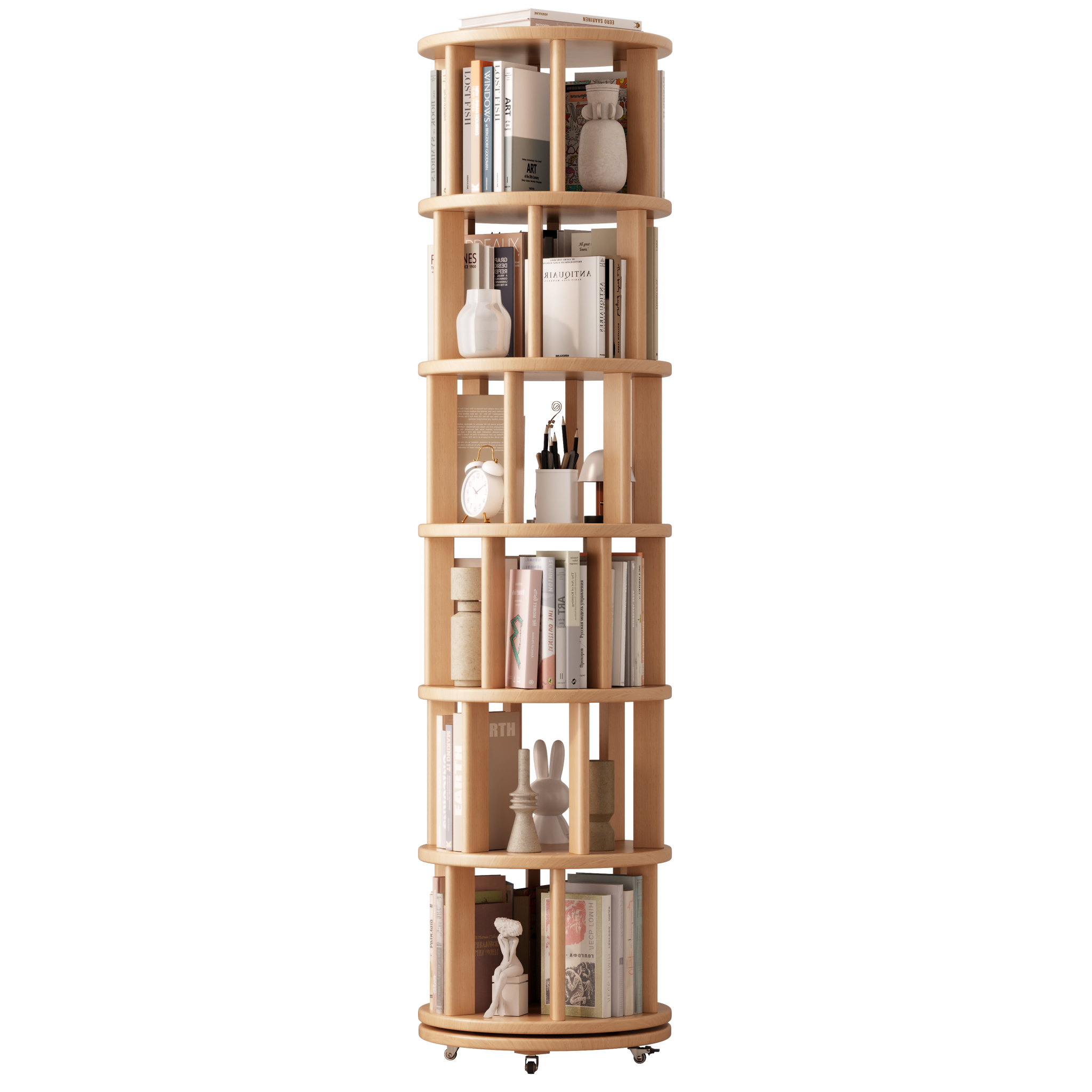 Solid Wood Rotating Bookshelf with Brake Wheels – Adjustable 1-6 Tiers