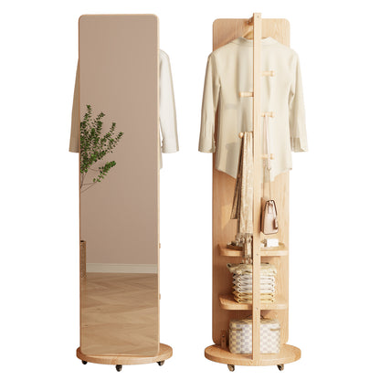 Ceramic Art Piece-2Full Length Mirror with Brake Wheels, 70"x16", Unique Solid Wood Oversized Floor Mirror with Coat Rack, Full Body Mirror for Bedroom, Living Room