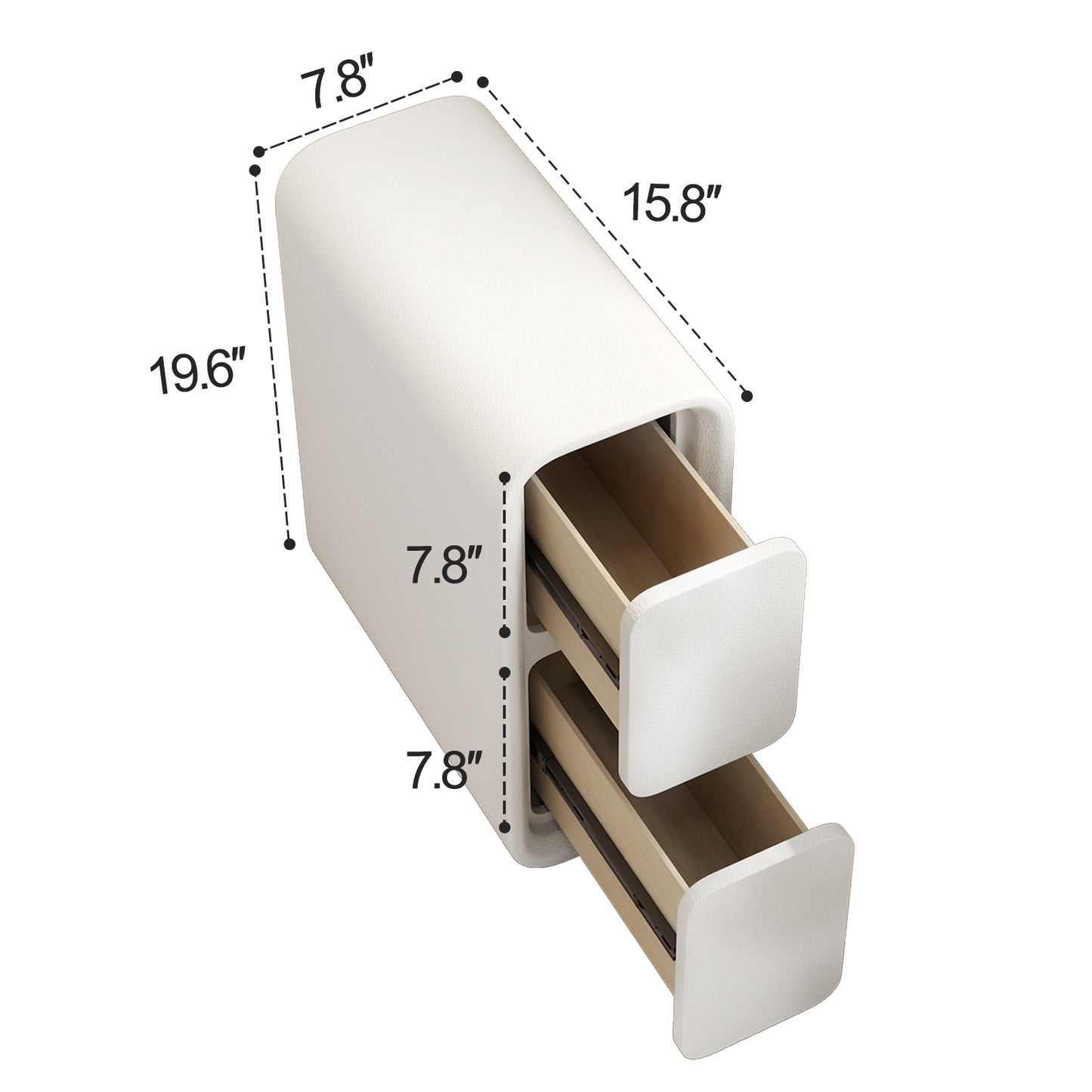 Narrow Nightstand with Drawers - Solid Wood Nightstand with Leather Surface, Small White Bedside Table for Bedroom
