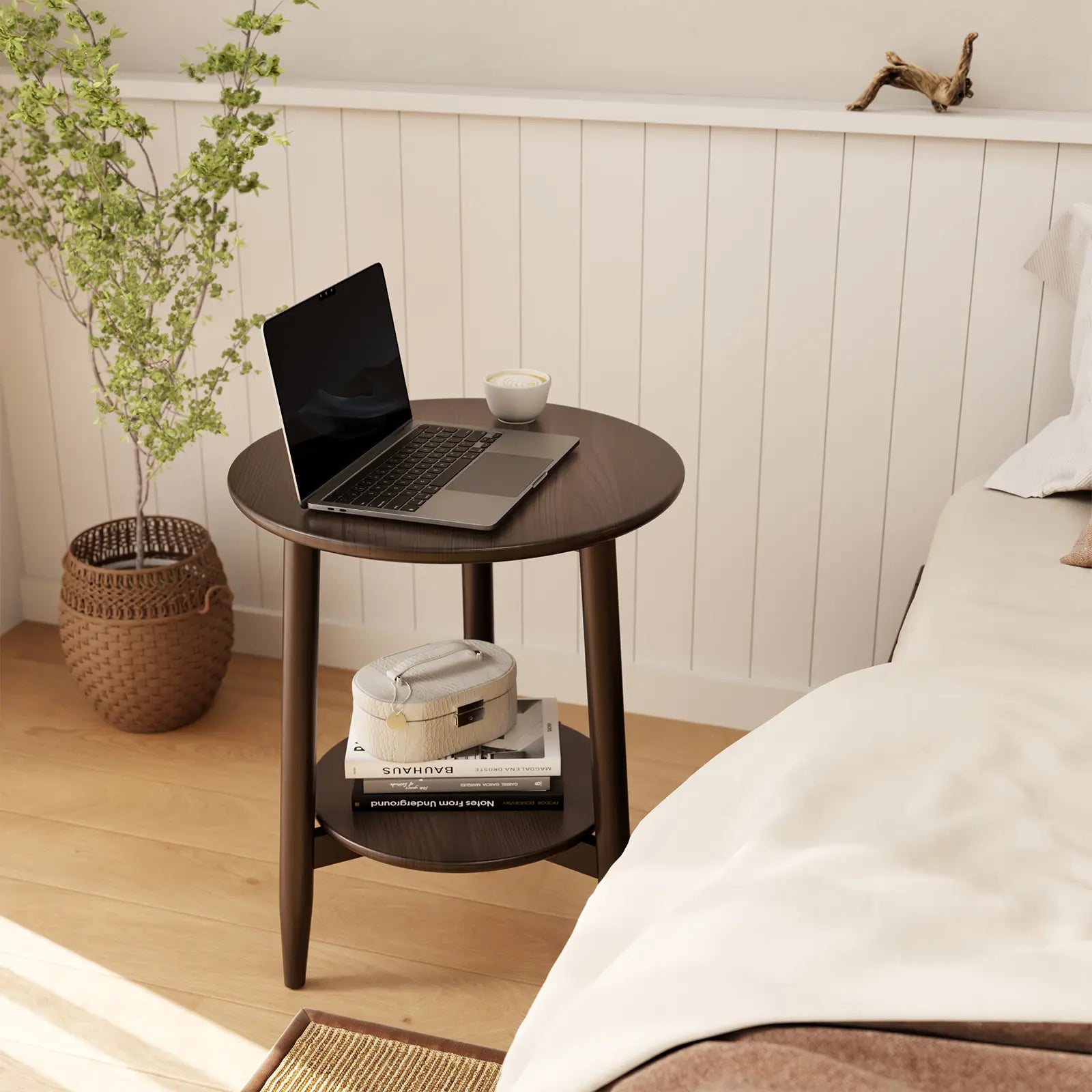 Round Solid Wood Side Table with Storage Shelf