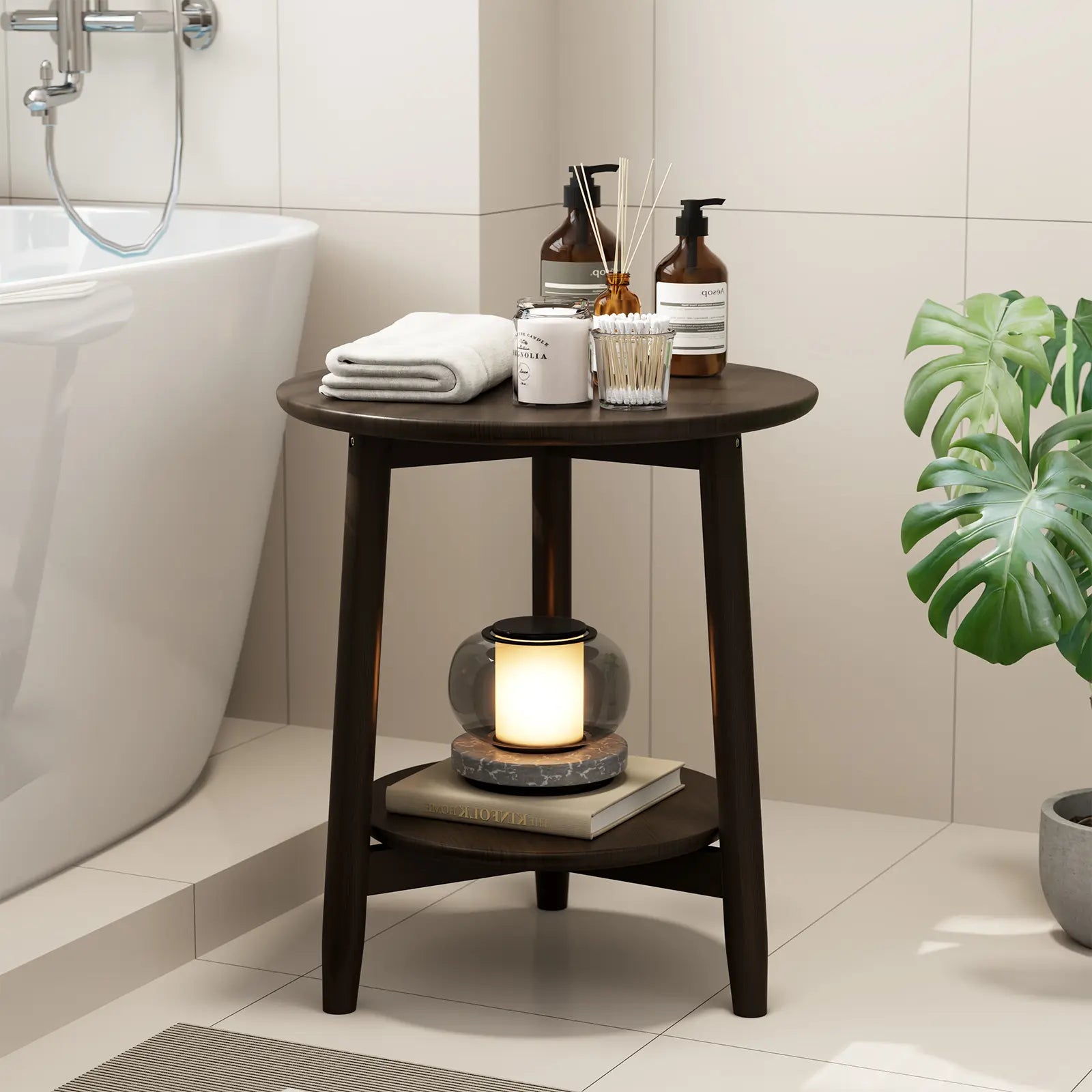 Round Solid Wood Side Table with Storage Shelf