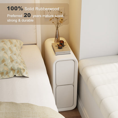 Narrow Nightstand with Drawers - Solid Wood Nightstand with Leather Surface, Small White Bedside Table for Bedroom