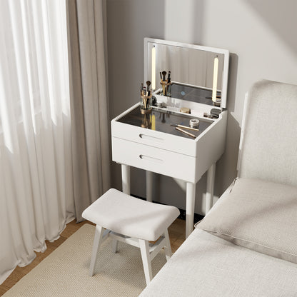 Solid Wood Vanity Desk with Plip Top Mirror & Lights, Small Makeup Vanity with Drawers, 3 Lighting Modes Adjustable Brightness, Vanity Table for Bedroom and Living Room