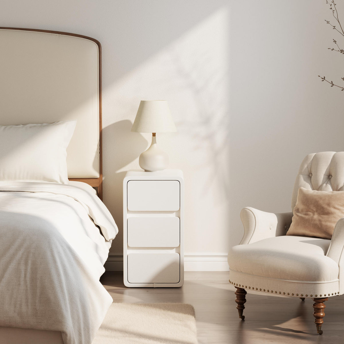 Narrow Bedside Table with 2 or 3 Drawers, Solid Wood Body and Leather-Coated Surface, Pre-Assembled - iKaslandi