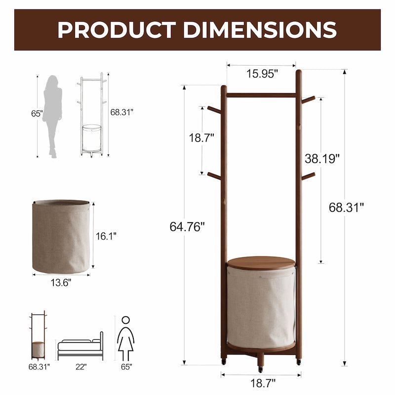 Solid Wood Coat Rack Stand with Laundry Hamper & Storage Shelf - iKaslandi