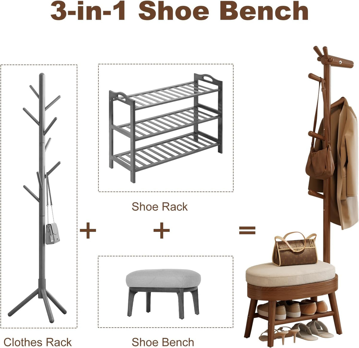 Rubberwood Shoe Bench with Coat Rack and 9 Hooks, Deer-Shaped Hall Tree - iKaslandi