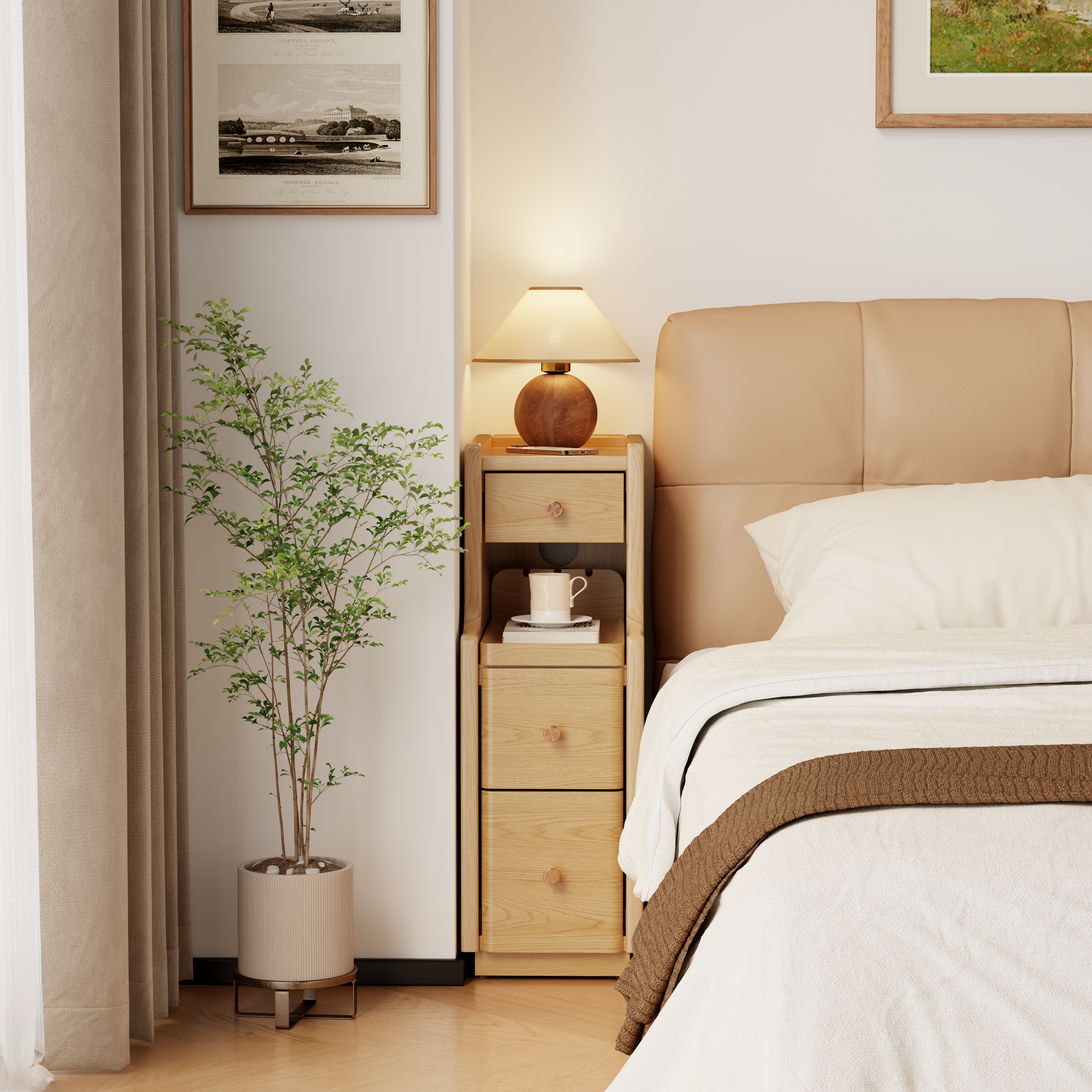 Solid Wood Narrow Nightstand with 3 Drawers – Modern Bedside Table for