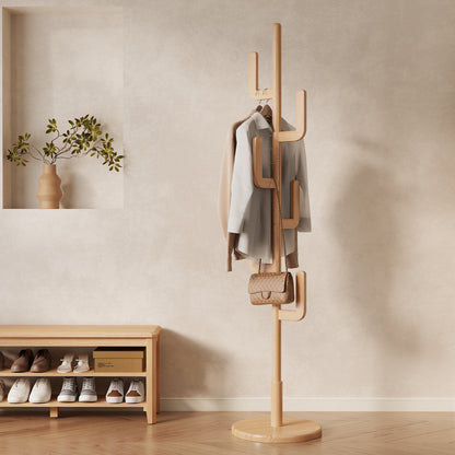 Solid Wood Cactus Coat Rack Stand, Freestanding Coat Rack with 6 L-shaped Hooks and 3 Adjustable Sizes, Sturdy and Easy to Assemble Coat Tree for Entryway, Bedroom