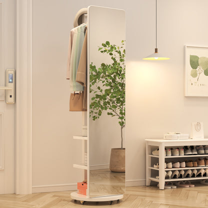 Ceramic Art Piece-2Full Length Mirror with Brake Wheels, 70"x16", Unique Solid Wood Oversized Floor Mirror with Coat Rack, Full Body Mirror for Bedroom, Living Room