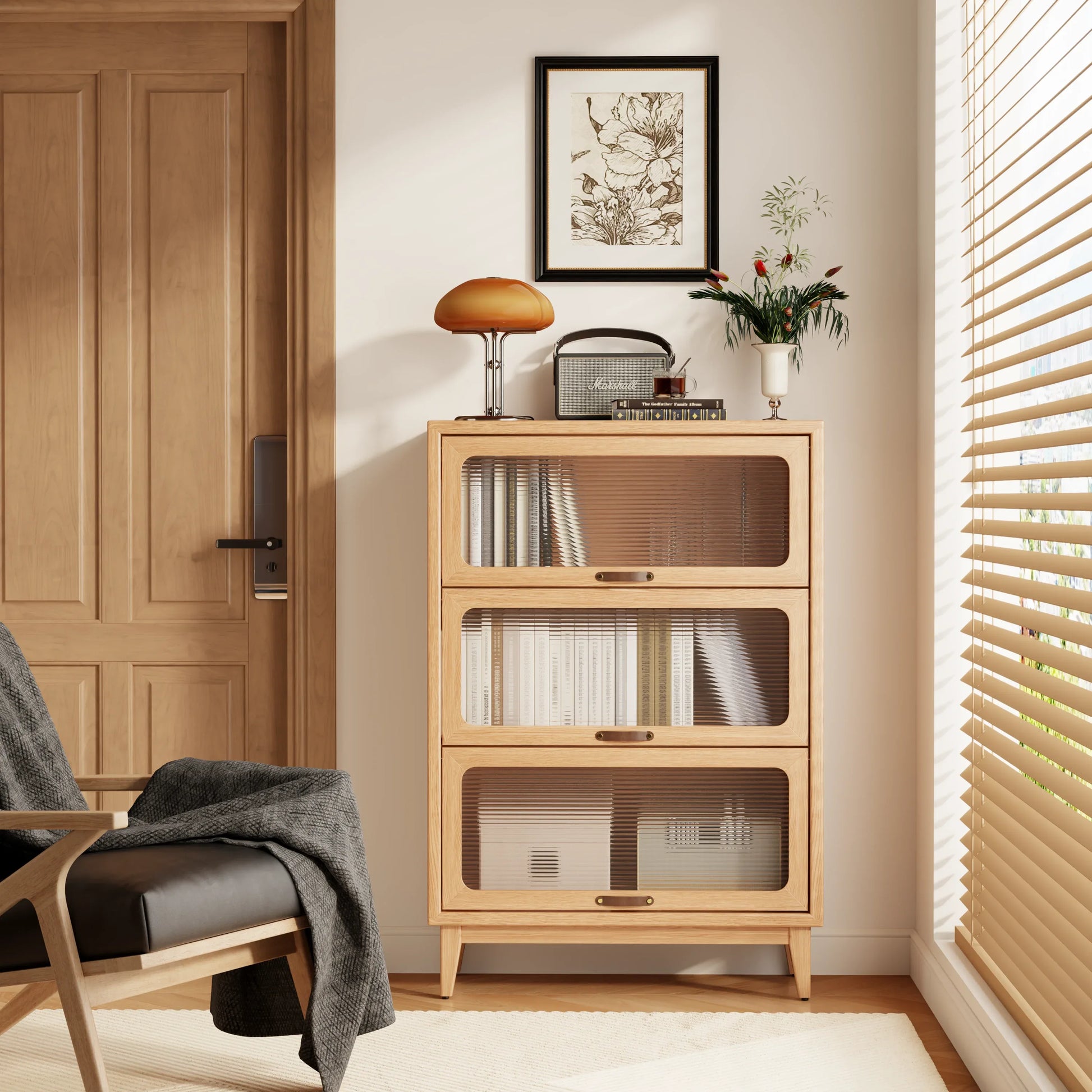 3 - Tier Solid Wood Bookcase with Flip - Up Glass Doors - Kaslandi Furniture