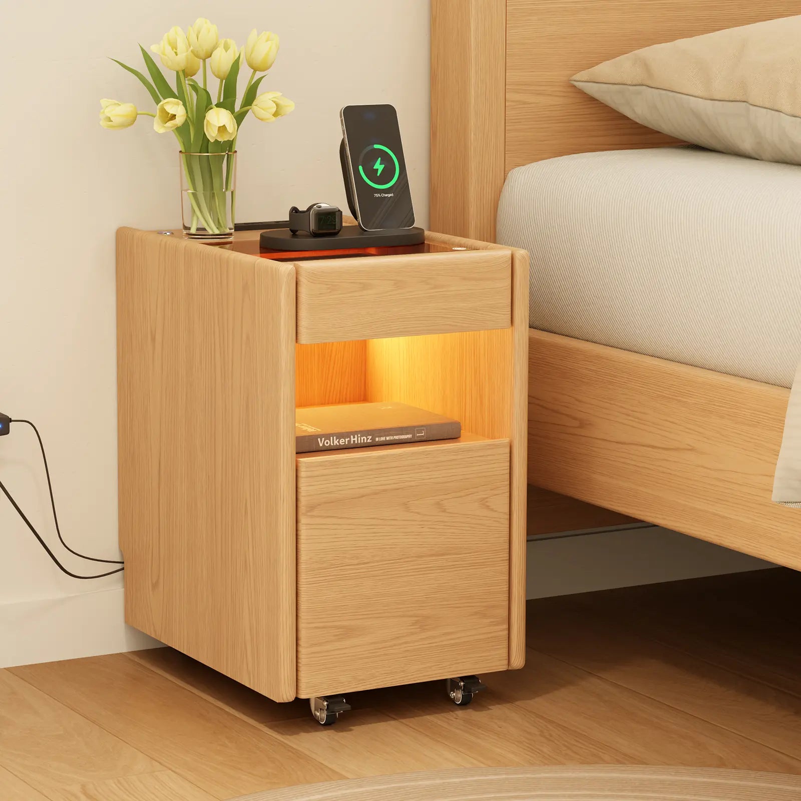 Smart Nightstand with Hidden Secret Drawer, Jewelry Storage & USB Charging - iKaslandi