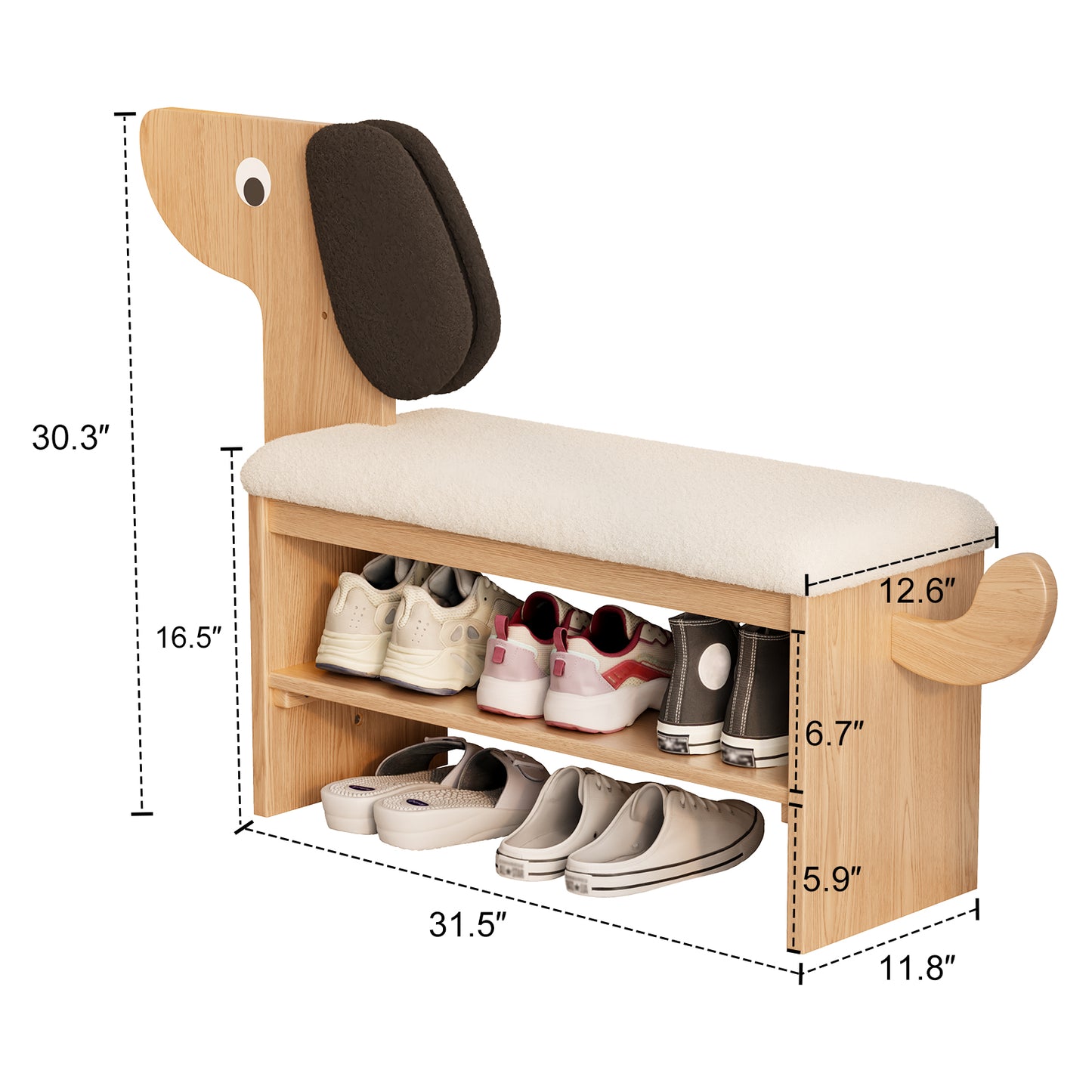 Shoe Rack Bench with Cushion, 2-Tier Dog Shoe Bench Cute, Wood Shoe Rack, Shoe Rack Bench with Storage,Shoe Shelf for Entryway, Hallway, Bedroom, Living Room