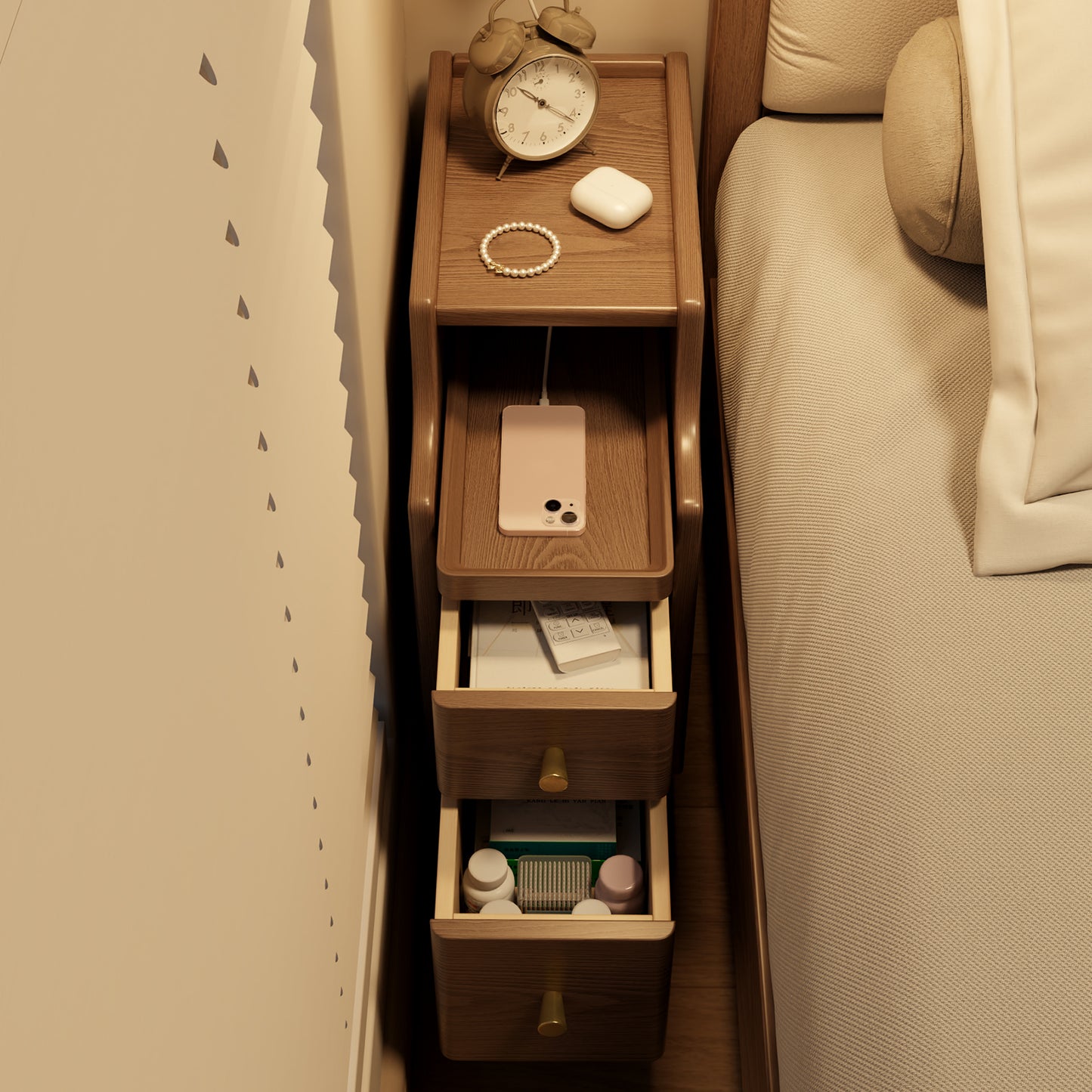 Small Nightstand,Solid Wood Nightstand with Drawers, Walnut Bedside Table for Bedroom