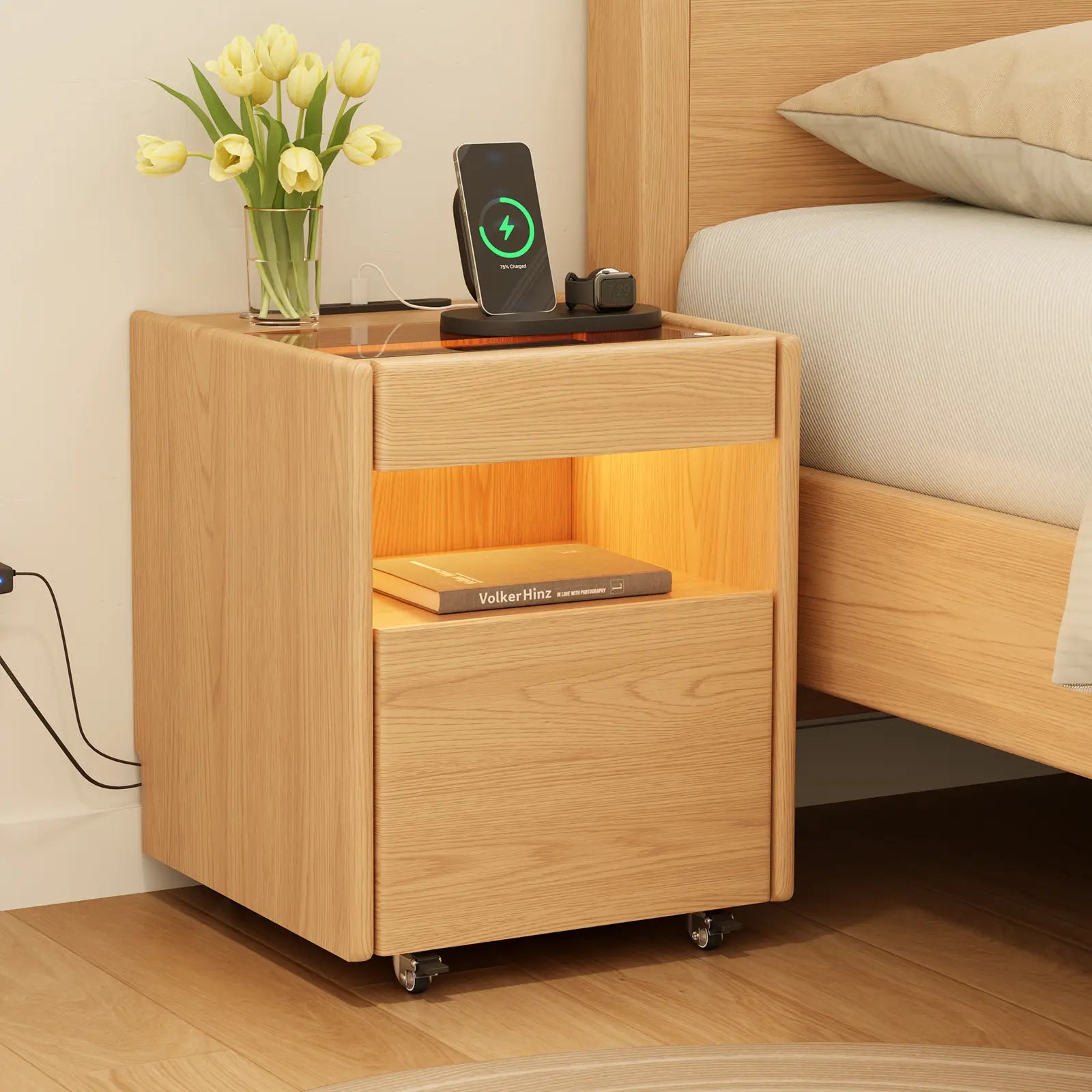 Smart Nightstand with Hidden Secret Drawer, Jewelry Storage & USB Charging - iKaslandi