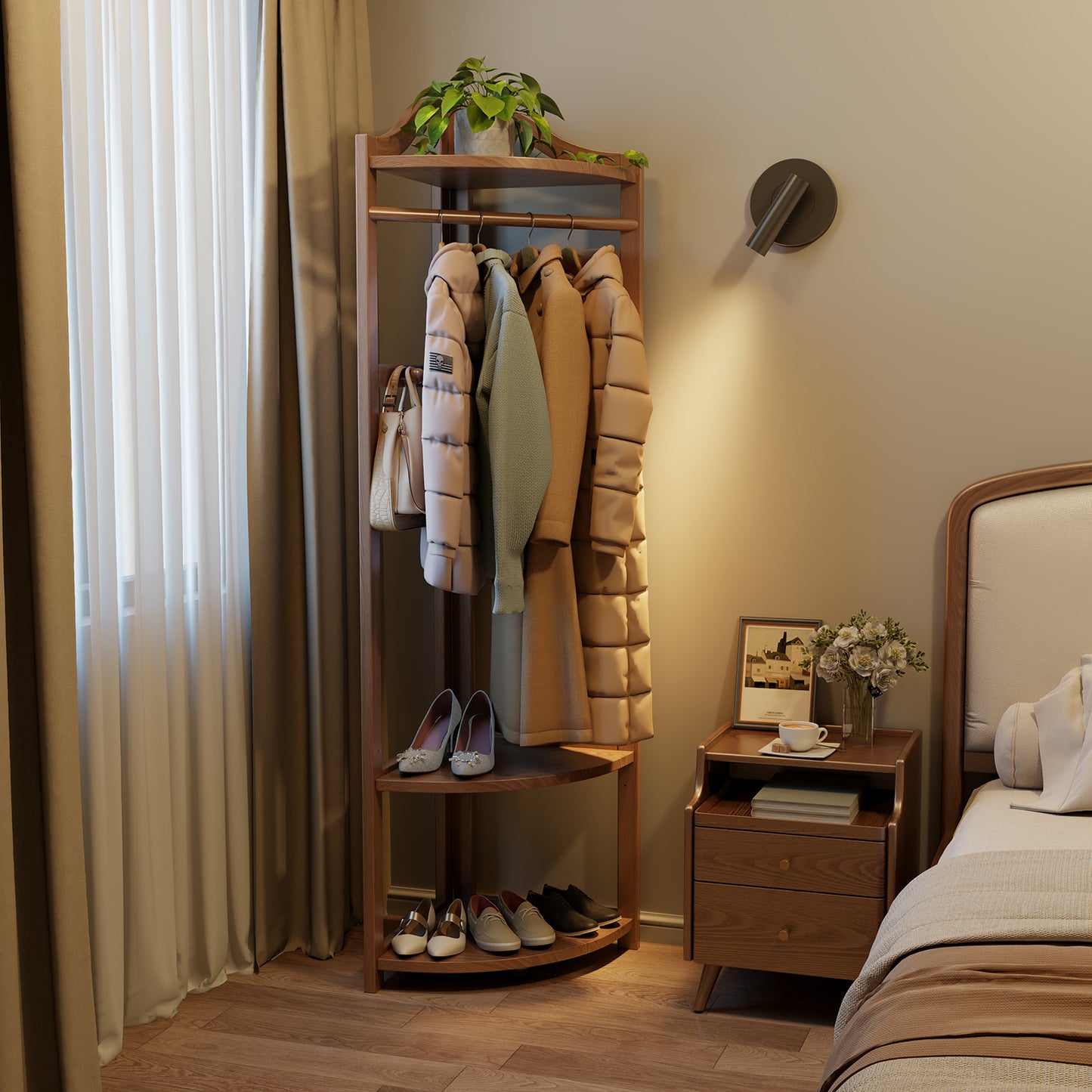 Corner Clothes Rack with Thick Clothes Rod, Wood Corner Hall Tree with Hooks, Clothes Rack Freestanding with Storage Shelf for Entryway Bedroom