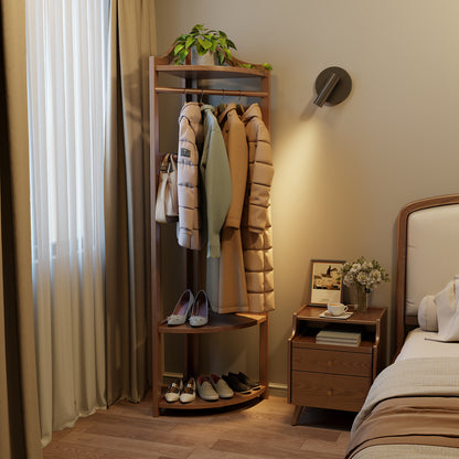 Corner Clothes Rack with Thick Clothes Rod, Wood Corner Hall Tree with Hooks, Clothes Rack Freestanding with Storage Shelf for Entryway Bedroom