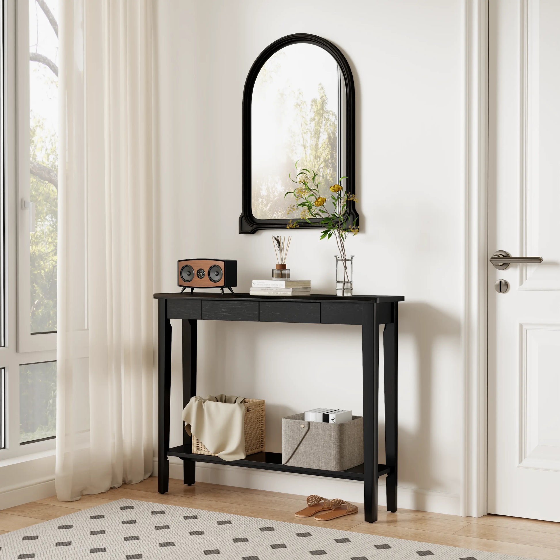 Solid Wood Entryway Console Table with Drawers and Bottom Storage Shelf - iKaslandi