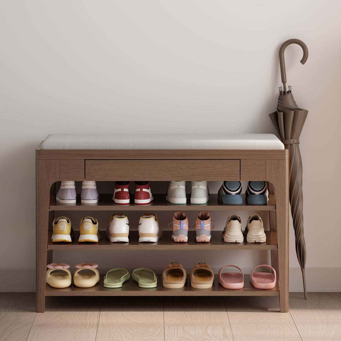 Small Shoe Bench with Storage, Wooden Shoe Storage Bench with Cushion&Hidden Drawer, 3-Tier Shoe Rack Bench for Entryway, Mudroom, Hallway