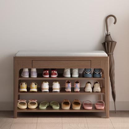 Small Shoe Bench with Storage, Wooden Shoe Storage Bench with Cushion&Hidden Drawer, 3-Tier Shoe Rack Bench for Entryway, Mudroom, Hallway