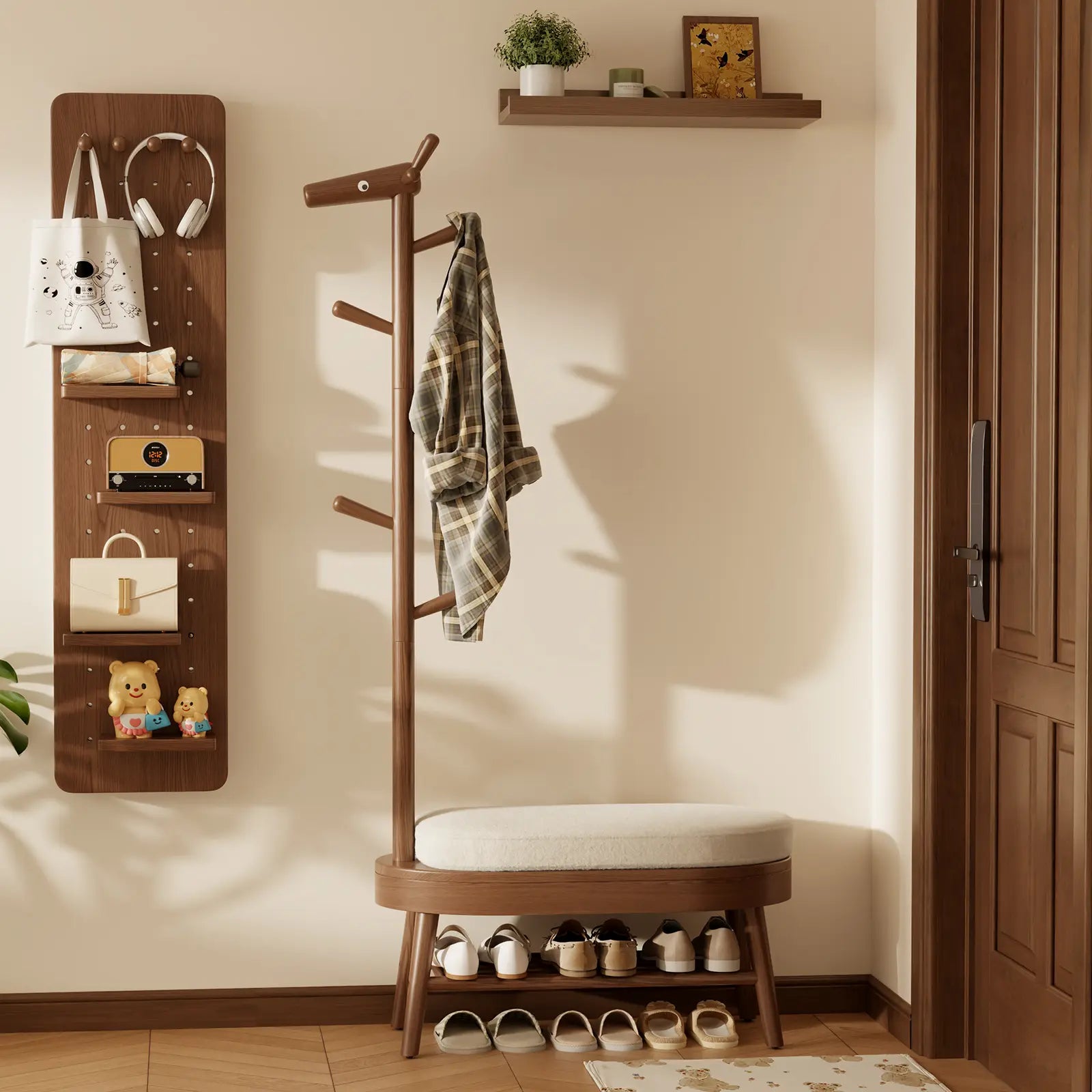 Giraffe Solid Wood Coat Rack & Shoe Bench with Cushion - iKaslandi