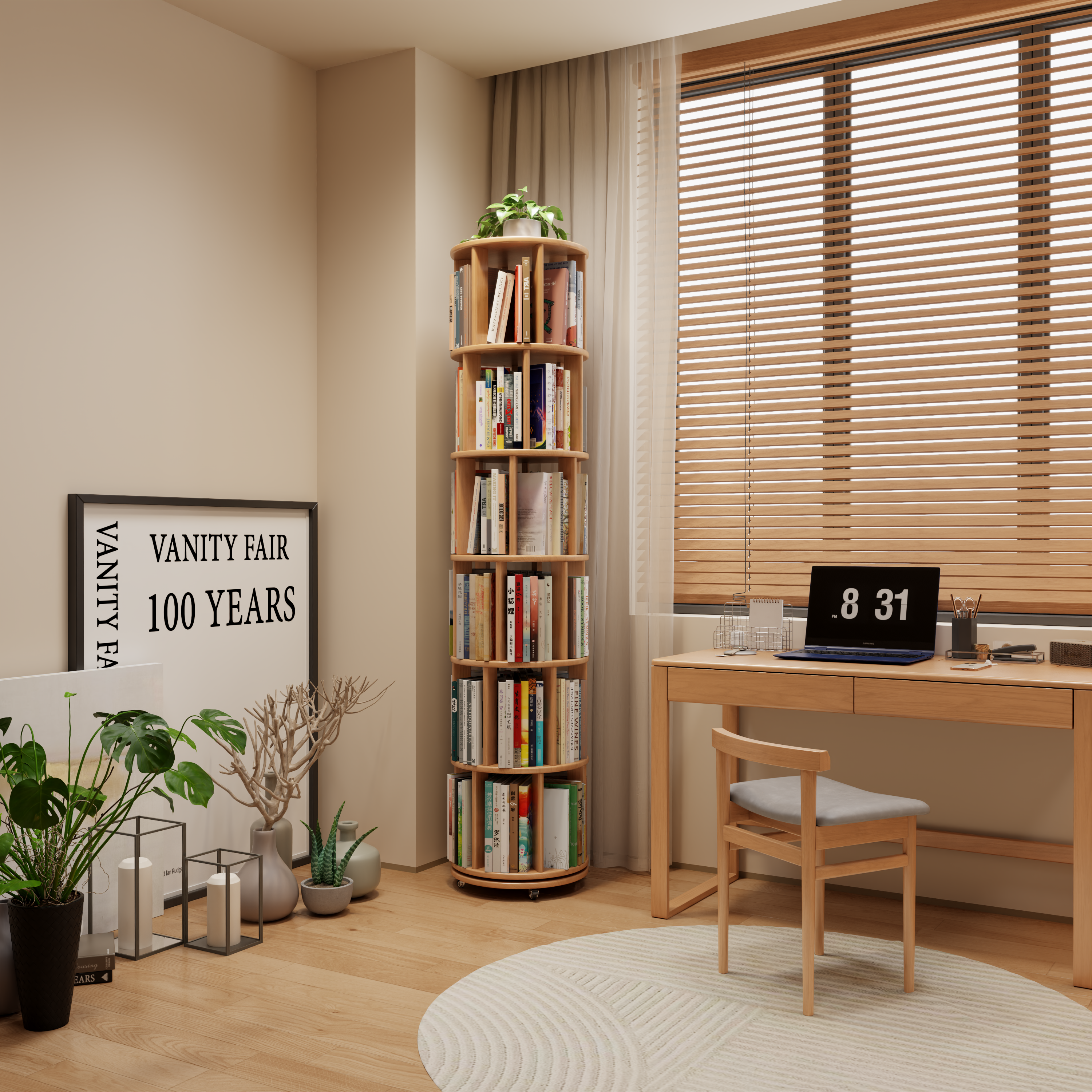 Solid Wood Rotating Bookshelf with Brake Wheels – Adjustable 1-6 Tiers