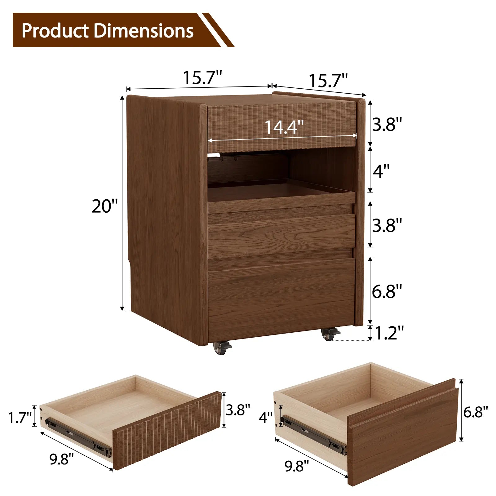 Solid Wood Nightstand with Wheels, Open Shelf & 3 Drawers - iKaslandi