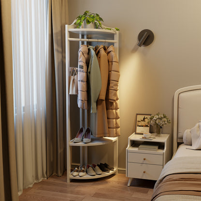Corner Clothes Rack with Thick Clothes Rod, Wood Corner Hall Tree with Hooks, Clothes Rack Freestanding with Storage Shelf for Entryway Bedroom