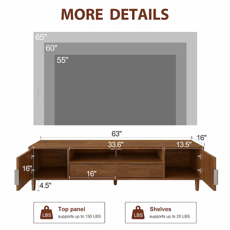 Fluted TV Stand with Storage Drawers and Cabinet — Fits 55