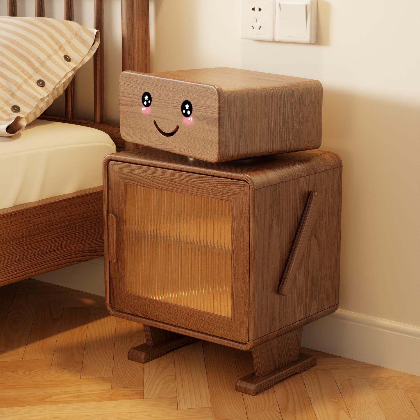 Robot Solid Wood Nightstand, Led Nightstand with 360°Rotating Drawer, Creative Nightstand with Drawers, Easily Assembly,Bedside Table for Bedroom,Living Room