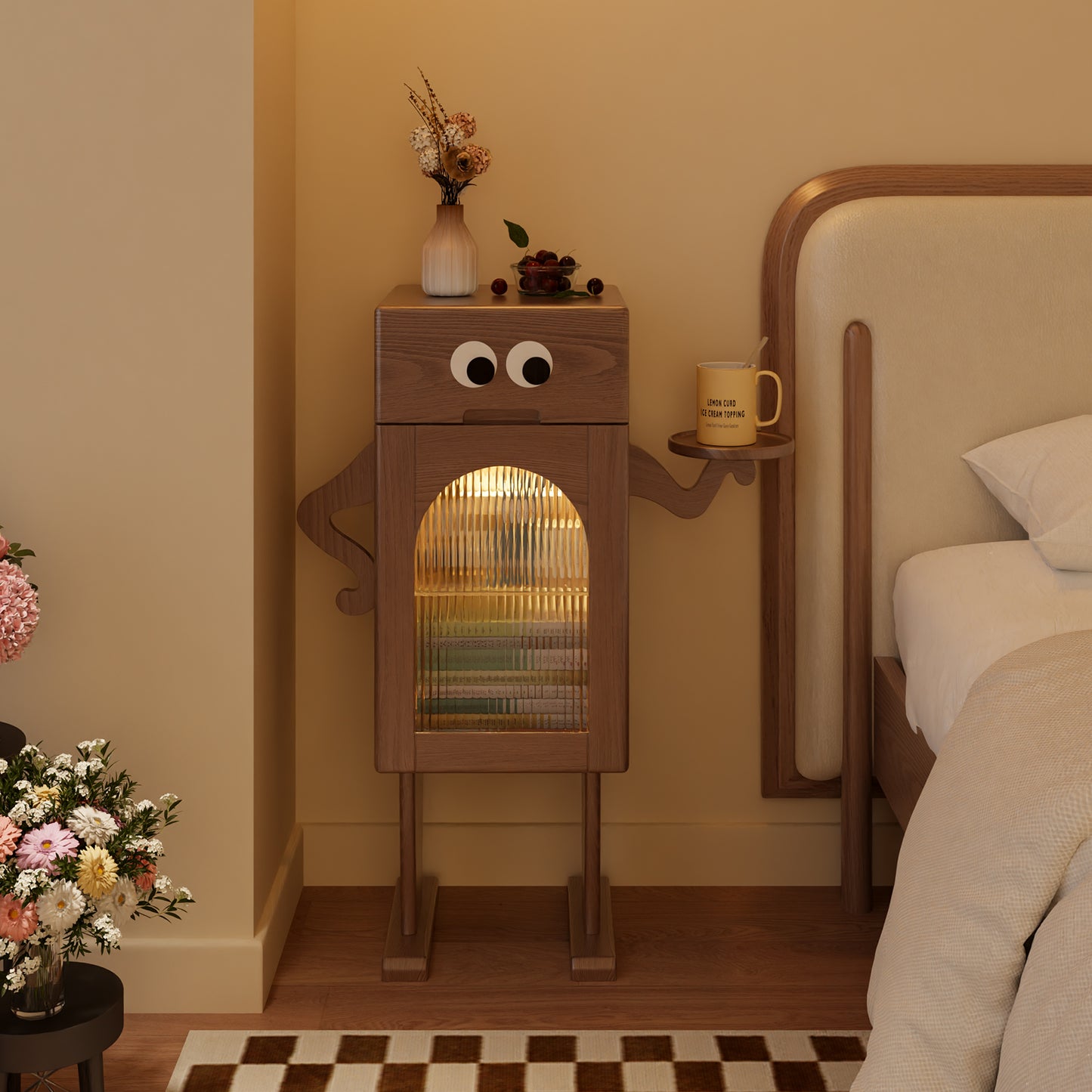 Robot Nightstand,Tall Nightstand with Drawers,Solid Wood Nightstand,Mid Century Modern Nightstand,Walnut Nightstand with Storage,Adjustable Dividers,Sensor Light,Bedside Table for Living Room, Bedroom