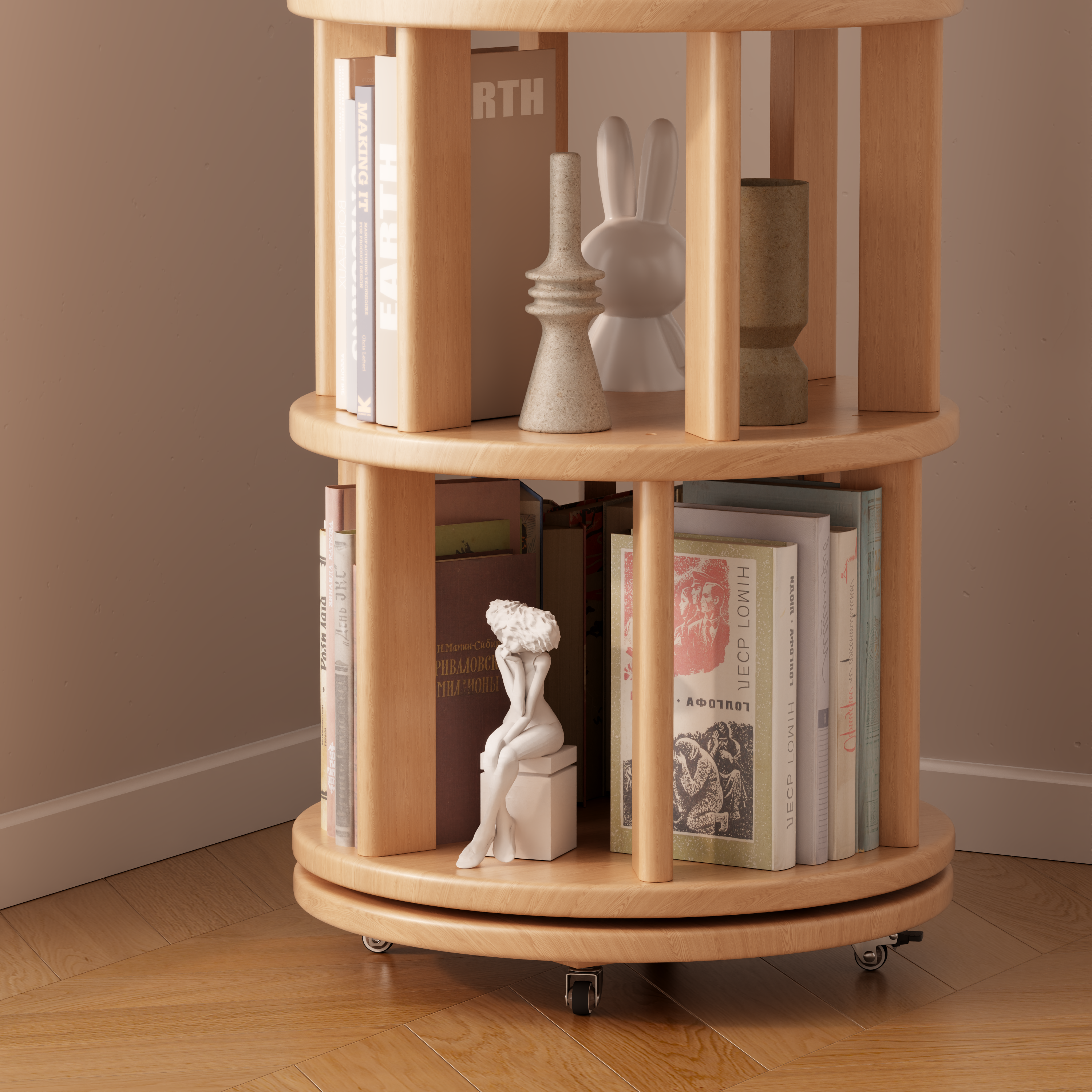 Solid Wood Rotating Bookshelf with Brake Wheels – Adjustable 1-6 Tiers