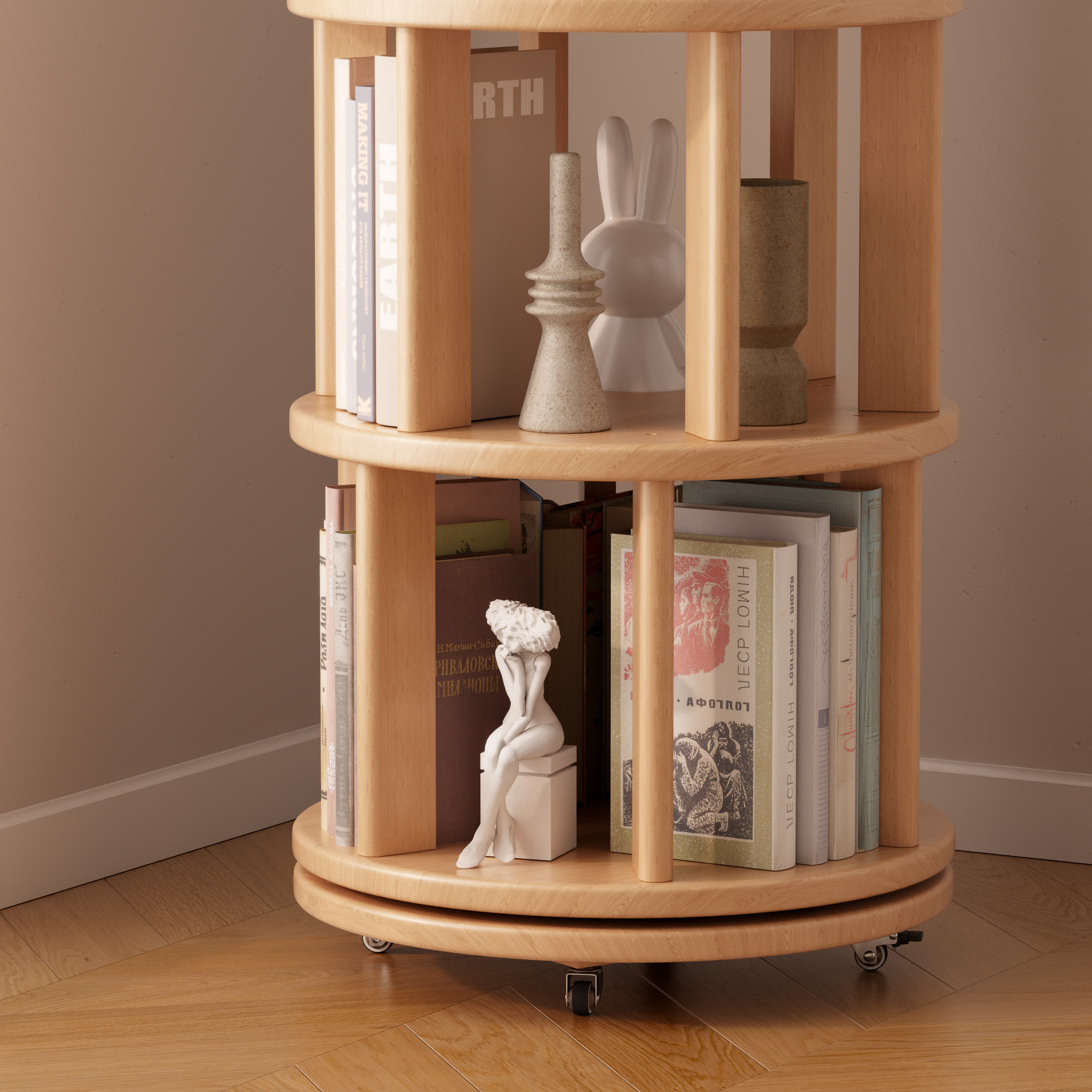 Solid Wood Rotating Bookshelf with Brake Wheels – Adjustable 1-6 Tiers