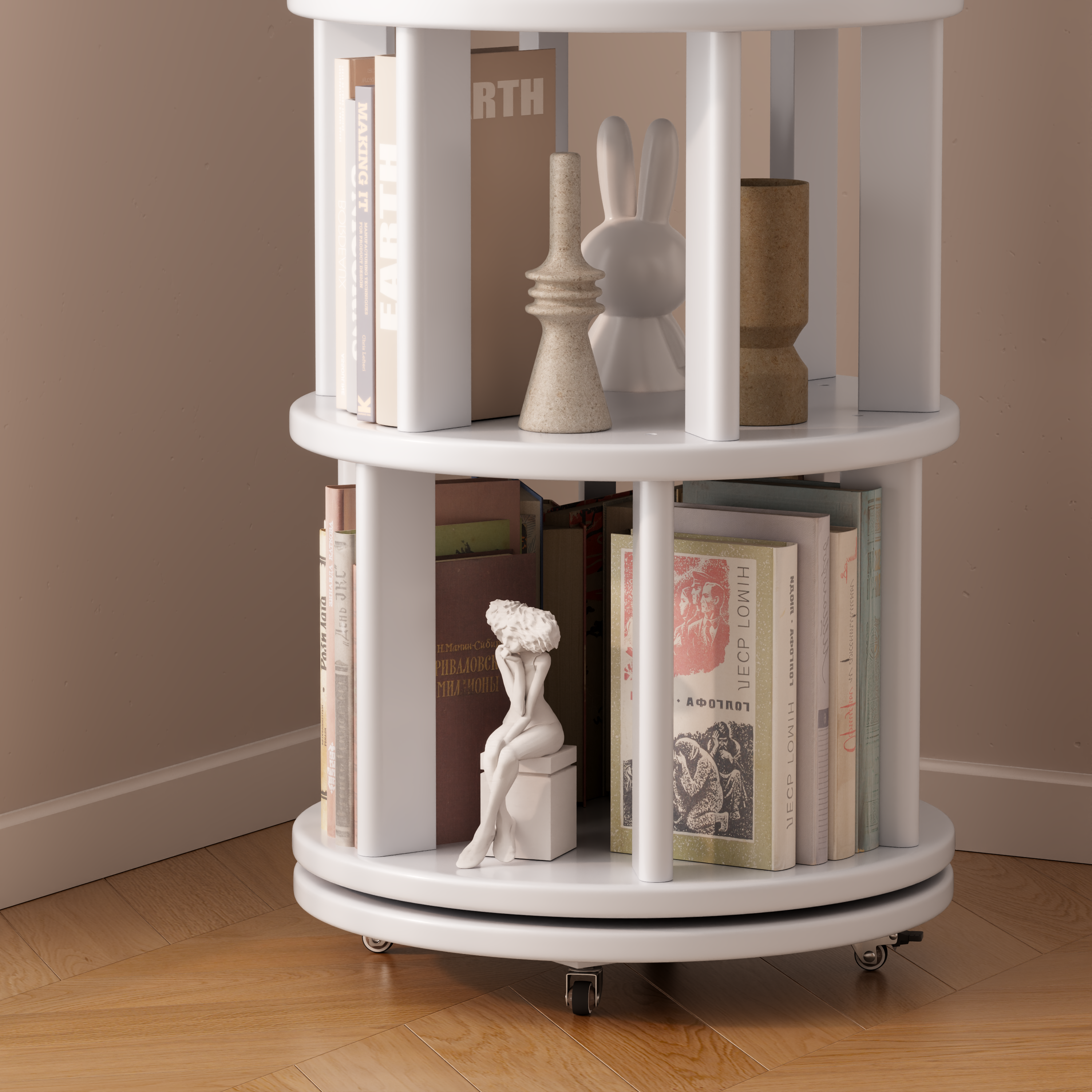 Solid Wood Rotating Bookshelf with Brake Wheels – Adjustable 1-6 Tiers
