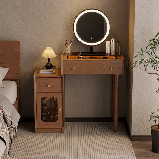 Solid Wood Vanity Desk with LED Round Mirror & Side Storage Cabinet - iKaslandi