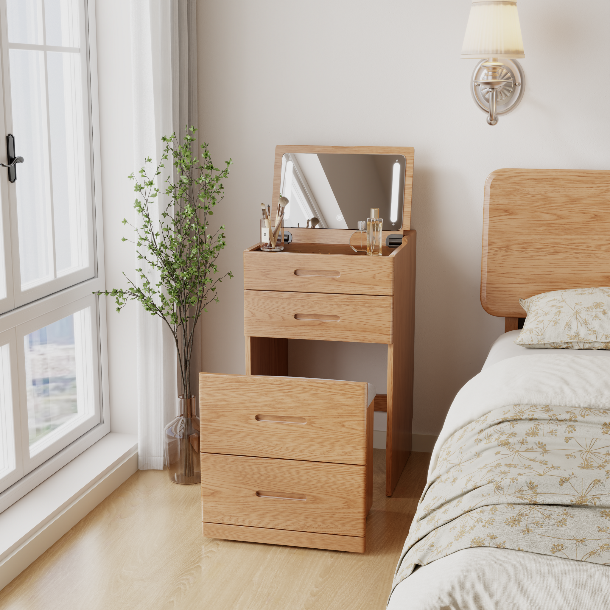 Solid Wood 3 in 1 Vanity Desk with Flip Top Mirror, Compact Vanity with Hidden Chair