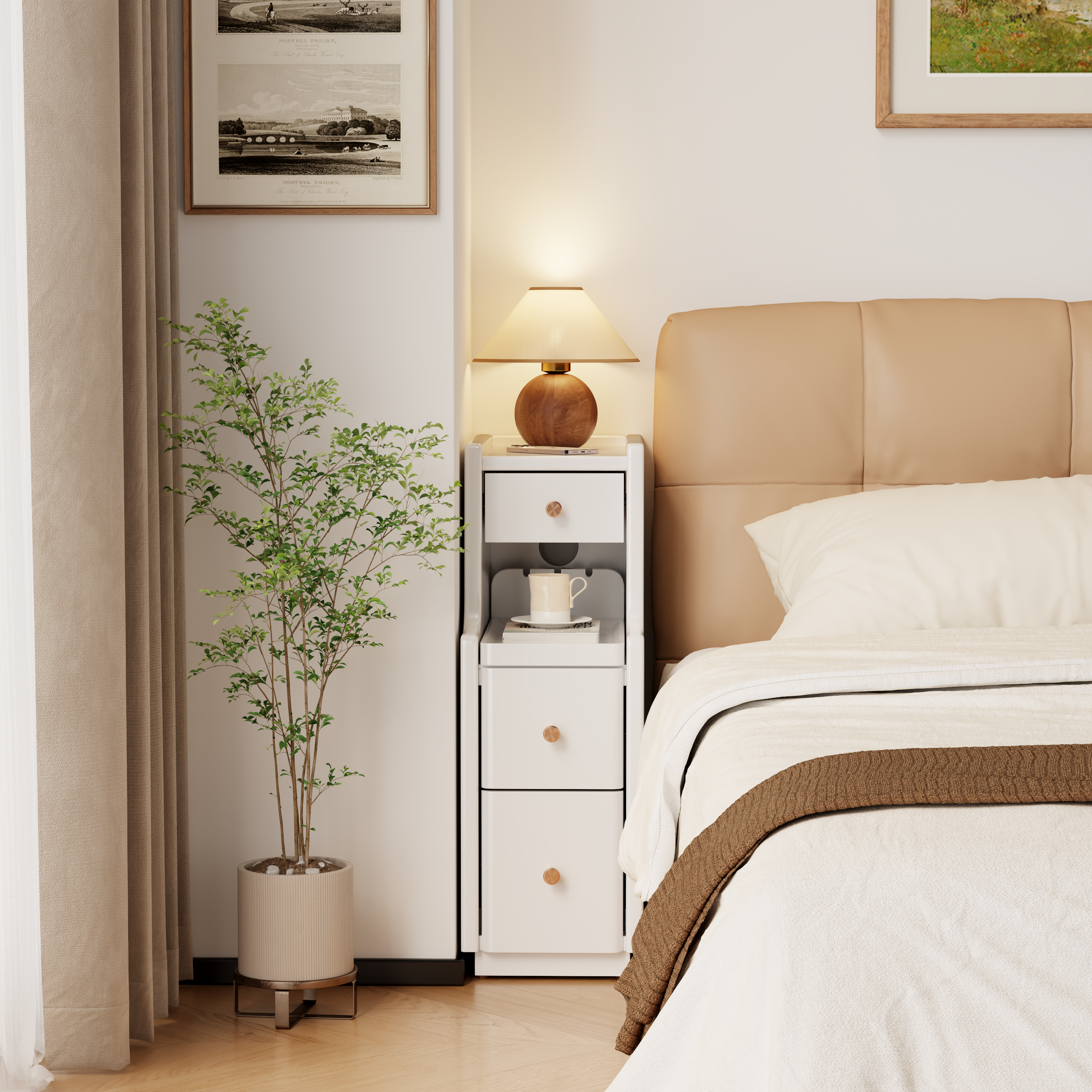 Solid Wood Narrow Nightstand with 3 Drawers – Modern Bedside Table for