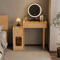 Solid Wood Vanity Desk with LED Round Mirror & Side Storage Cabinet