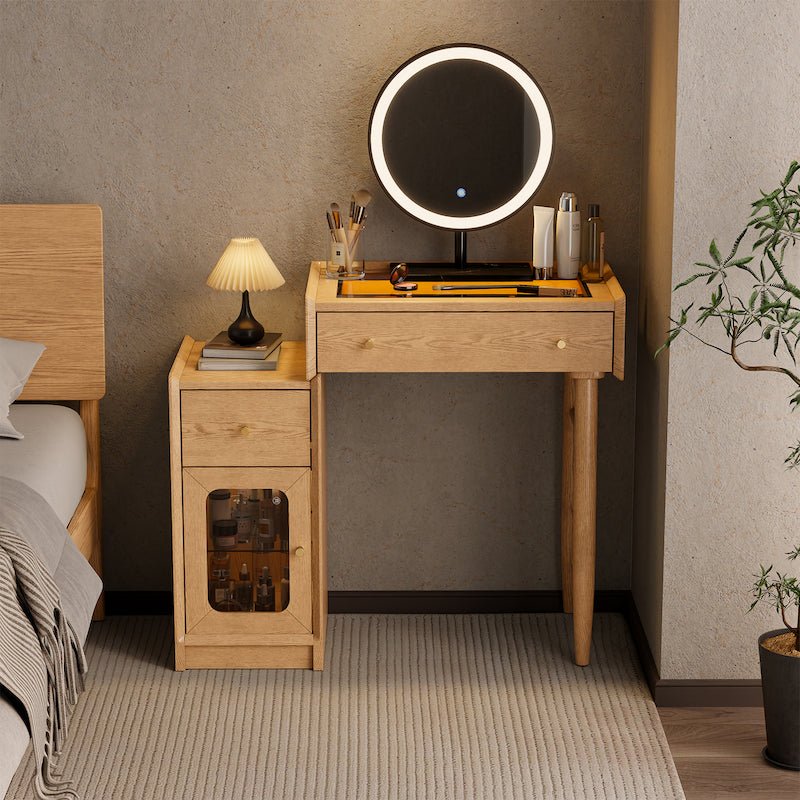 Solid Wood Vanity Desk with LED Round Mirror & Side Storage Cabinet