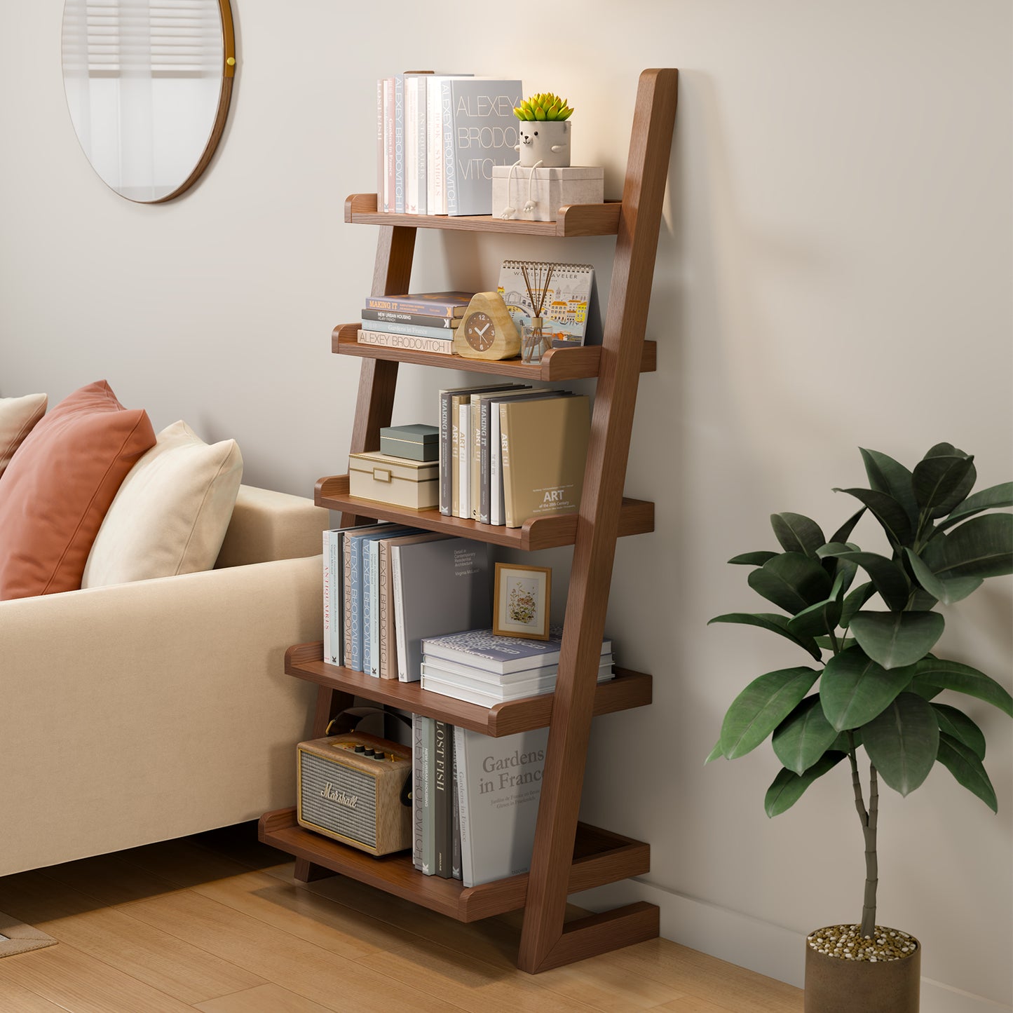 Wooden Ladder Shelf, Ladder Shelf Bookcase, 5 Tier Ladder Shelf with Stable Structure, Leaning Shelf for Living Room, Bedroom, Home Office