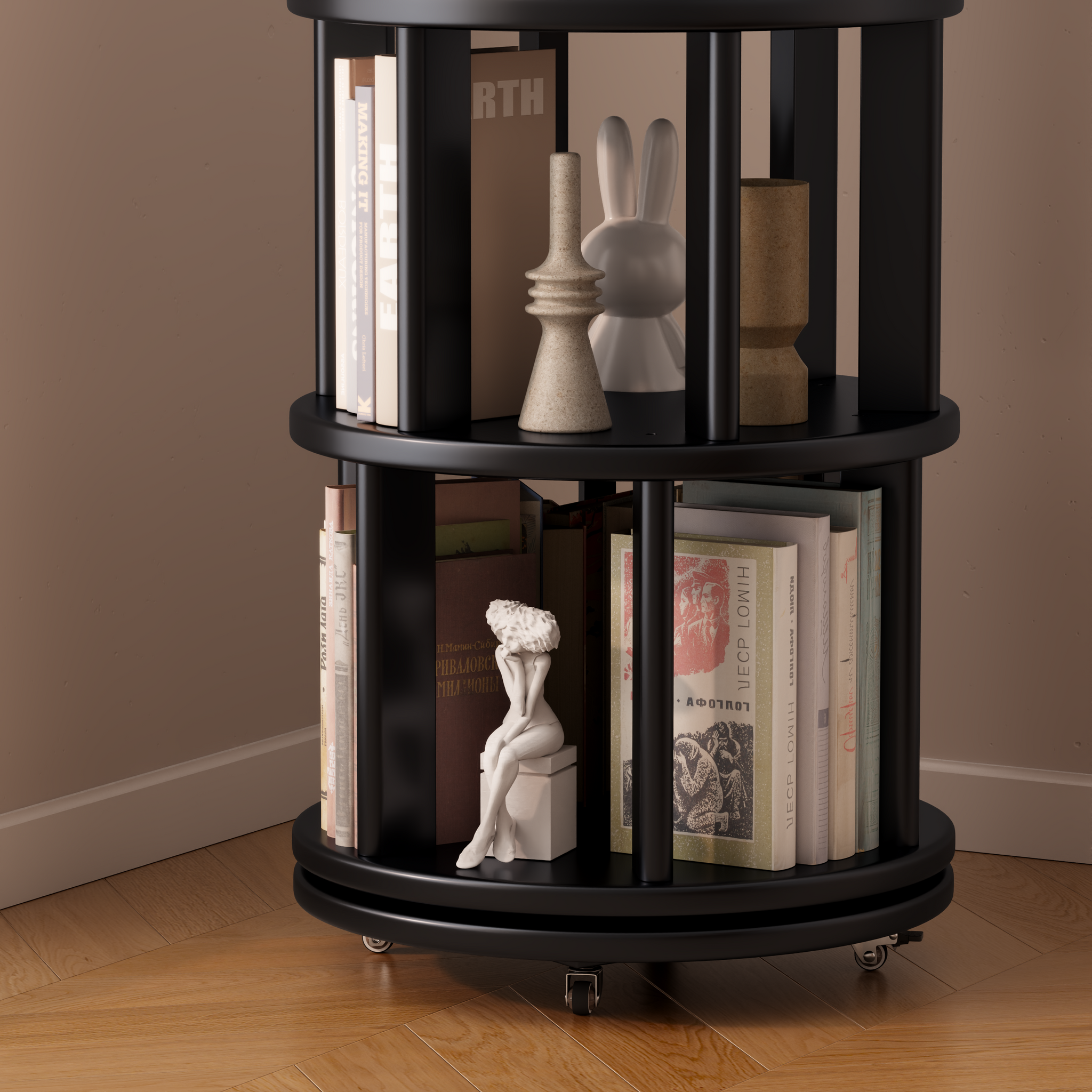 Solid Wood Rotating Bookshelf with Brake Wheels – Adjustable 1-6 Tiers