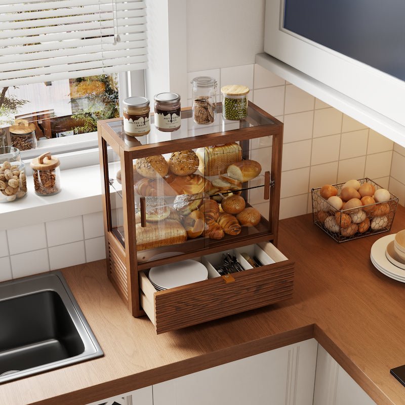 Solid Wood Bread Display Cabinet with Glass Door & Drawer