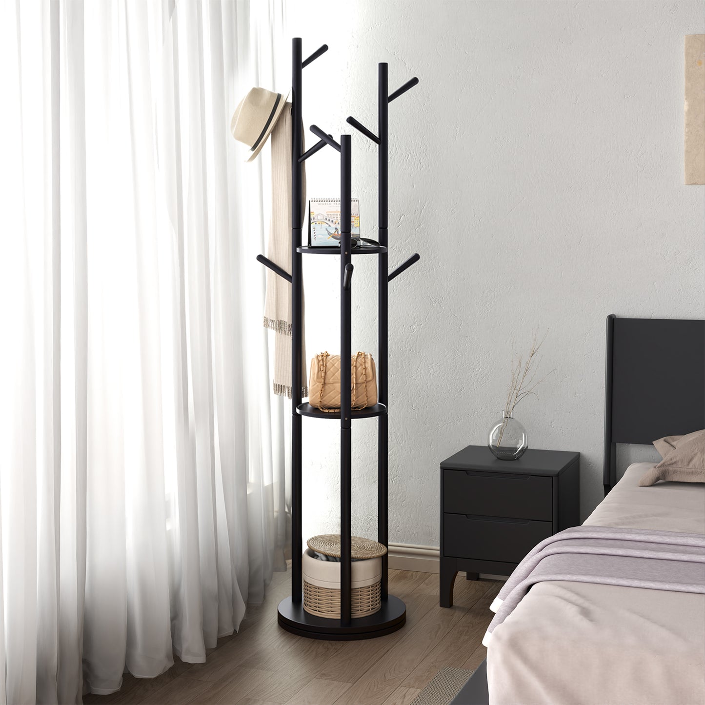 KungFuWood KASLANDI Coat Rack, Solid Wood Rotary Coat Rack Stand, Freestanding Coat Rack with 3 Shelves and 9 Hooks, Sturdy and Easy to Assemble Coat Tree for Entryway, Bedroom, Coats, Bags
