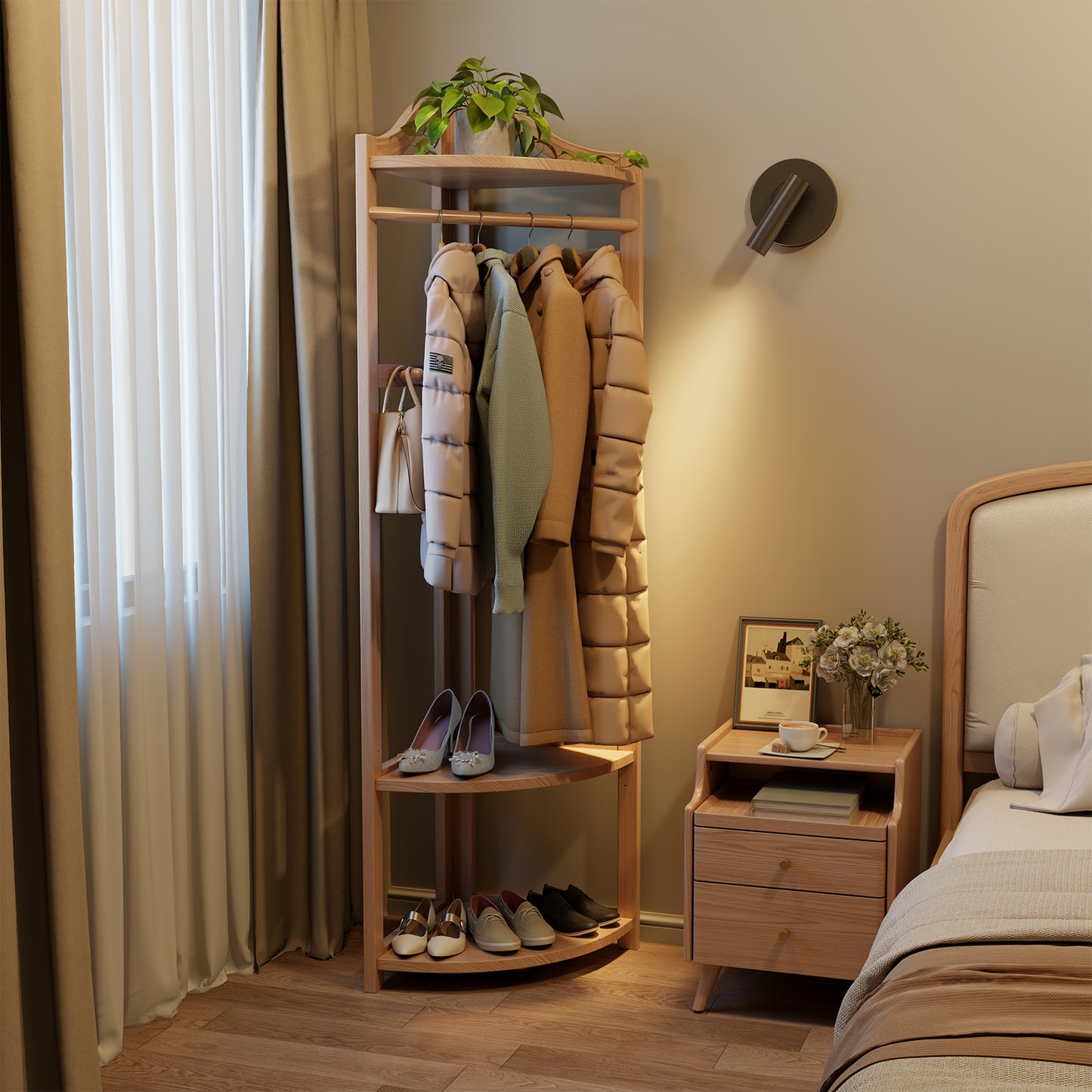 Corner Clothes Rack with Thick Clothes Rod, Wood Corner Hall Tree with Hooks, Clothes Rack Freestanding with Storage Shelf for Entryway Bedroom