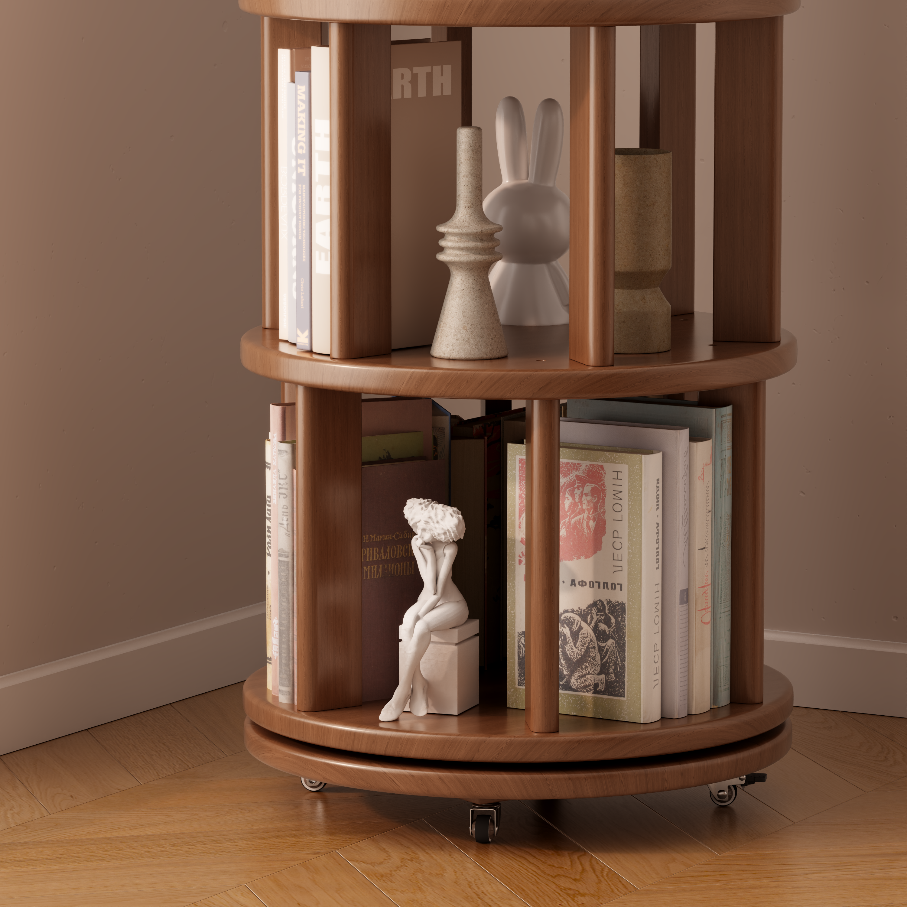 Solid Wood Rotating Bookshelf with Brake Wheels – Adjustable 1-6 Tiers