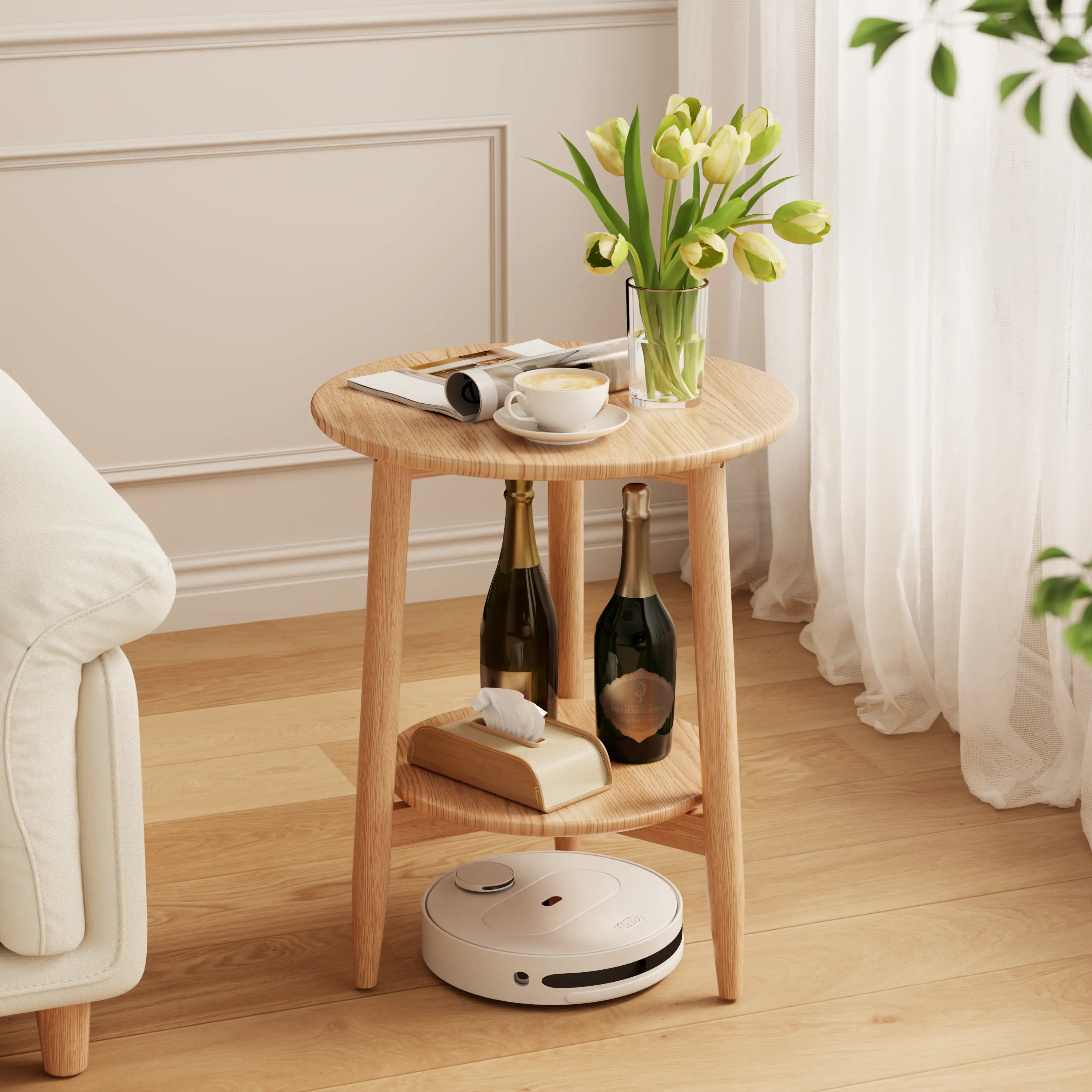 Round Solid Wood Side Table with Storage Shelf