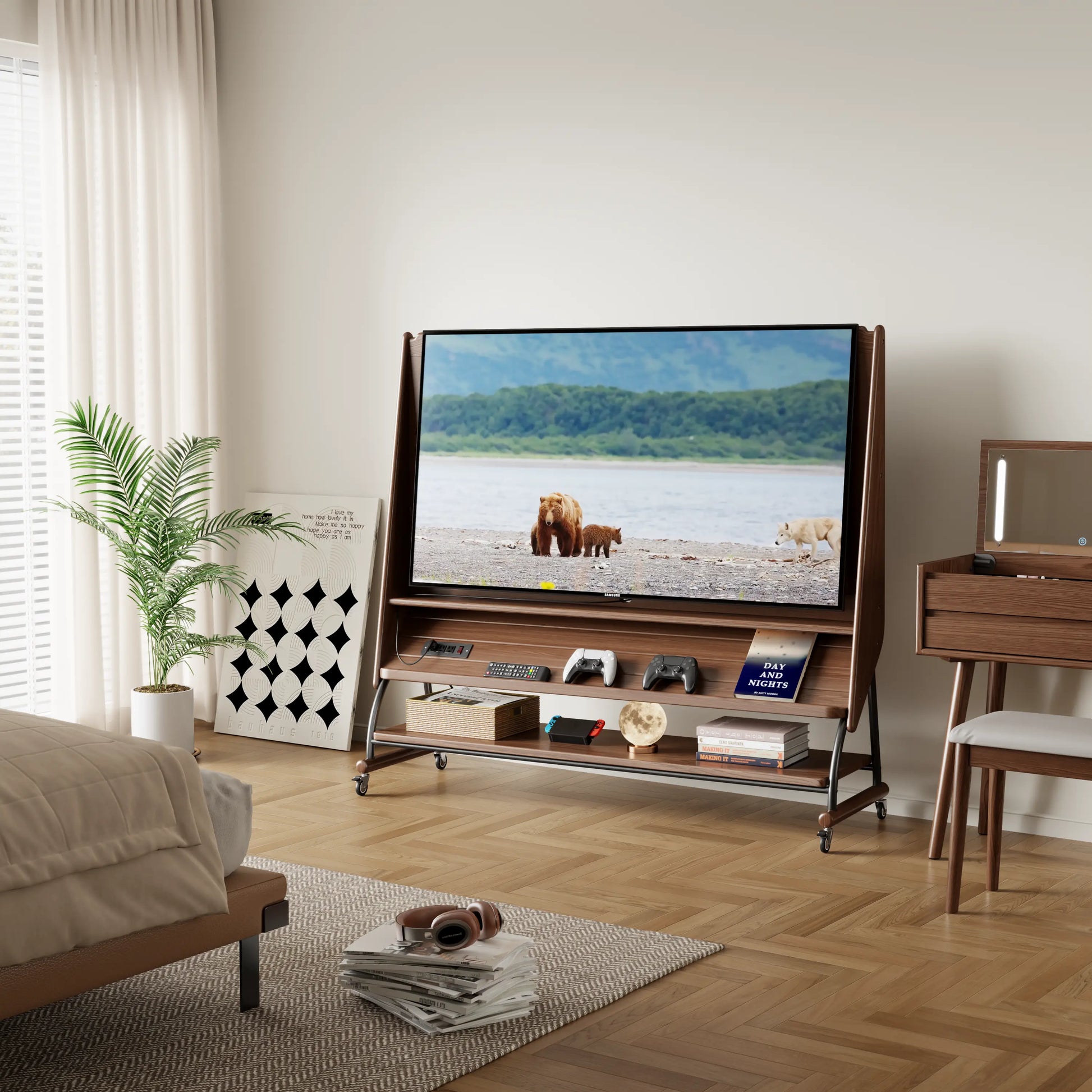 Rolling TV Stand for 40 - 65 Inch TV | Wood TV Cart - iKaslandi