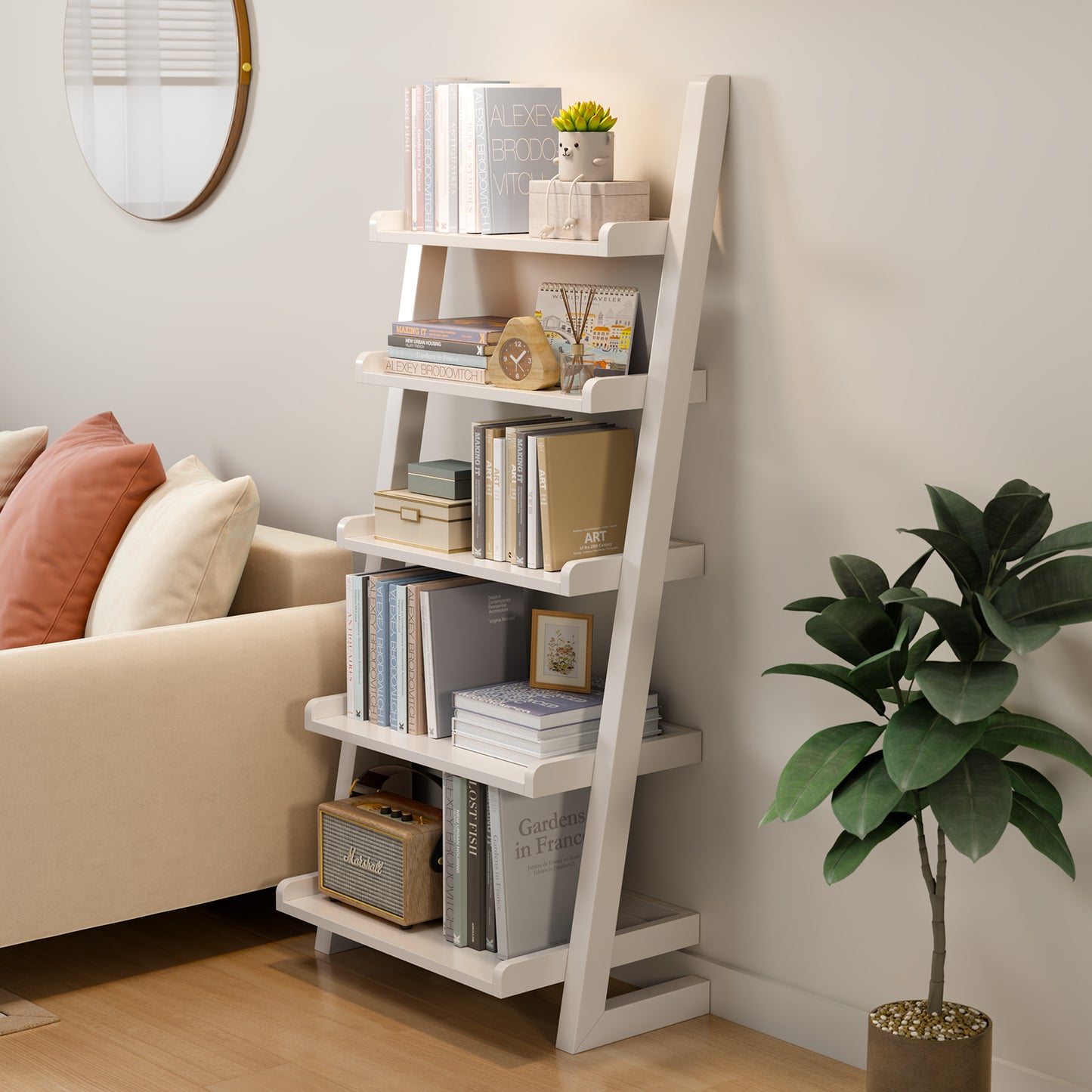 Wooden Ladder Shelf, Ladder Shelf Bookcase, 5 Tier Ladder Shelf with Stable Structure, Leaning Shelf for Living Room, Bedroom, Home Office