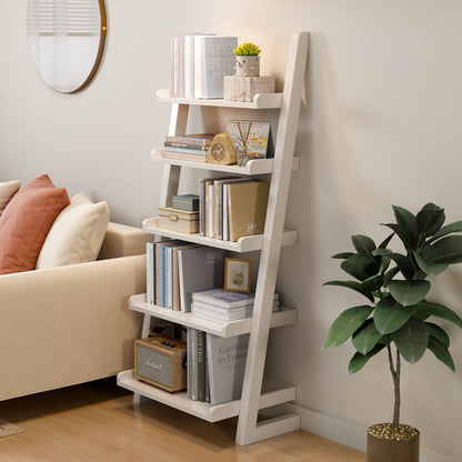 Wooden Ladder Shelf, Ladder Shelf Bookcase, 5 Tier Ladder Shelf with Stable Structure, Leaning Shelf for Living Room, Bedroom, Home Office