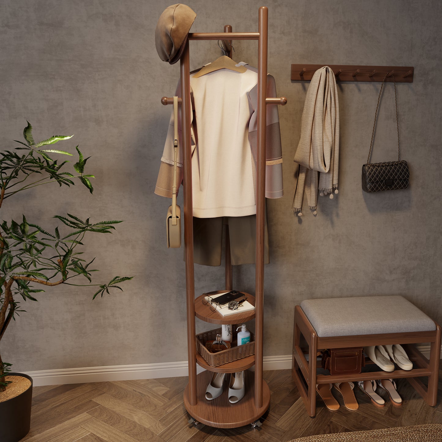 Solid Wood Coat Rack with Brake Wheels,T-shape Design Coat Rack Freestanding, Coat Rack Stand for Suits Clothes Jacket Entryway,Bedroom,Living Room